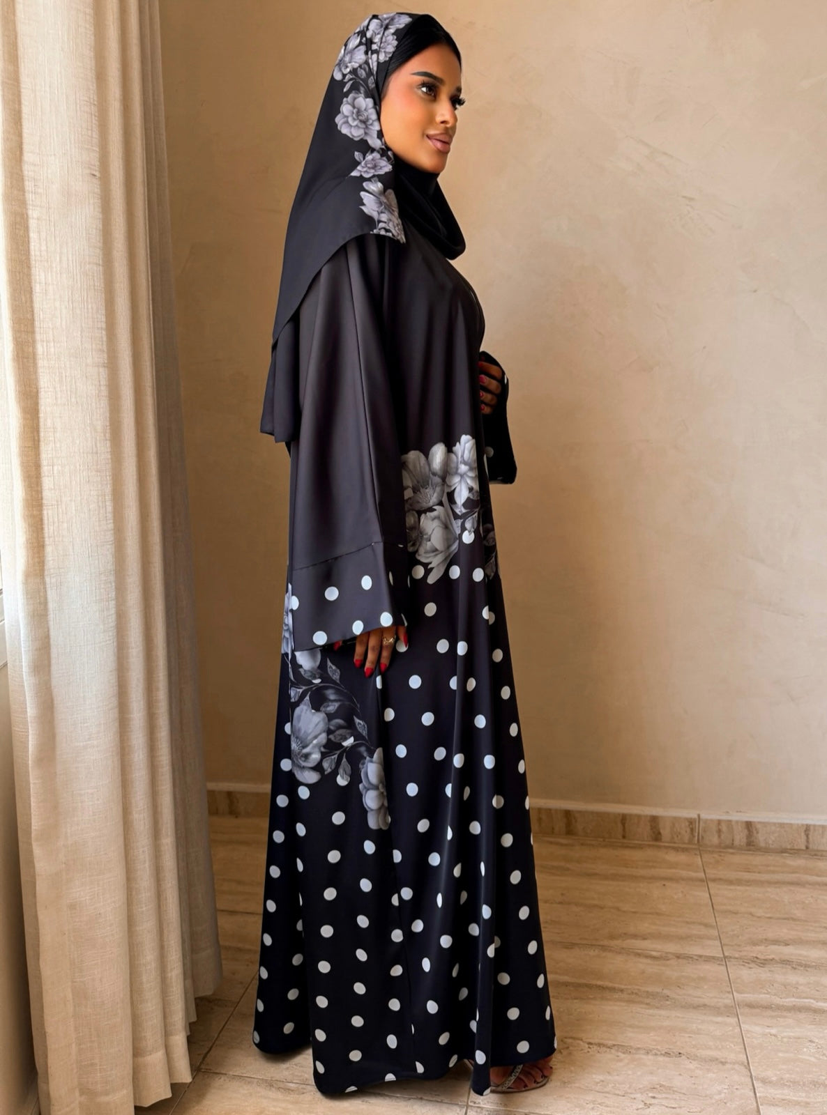 MEI743 - Black Half Bisht Polka Floral Abaya with Matching Headscarf
