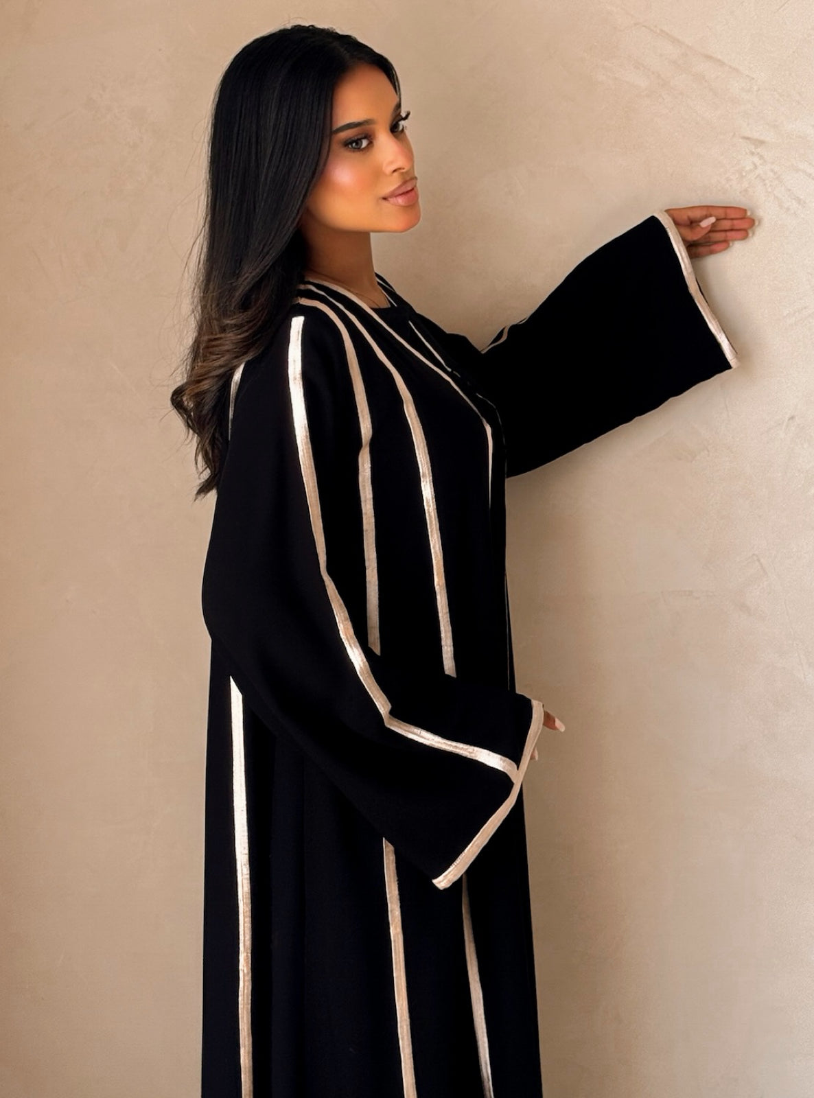 MEI735 - Black A-Cut Abaya with Cream Embroidery & Matching Headscarf