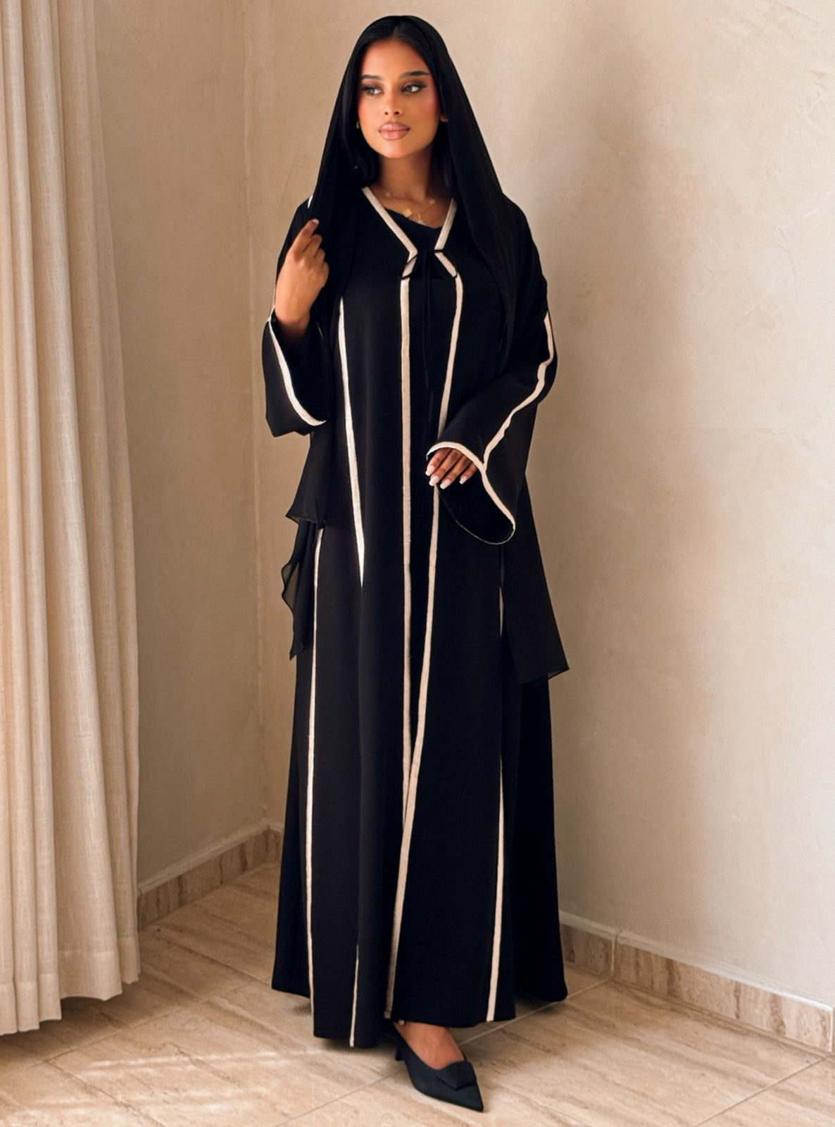 MEI735 - Black A-Cut Abaya with Cream Embroidery & Matching Headscarf