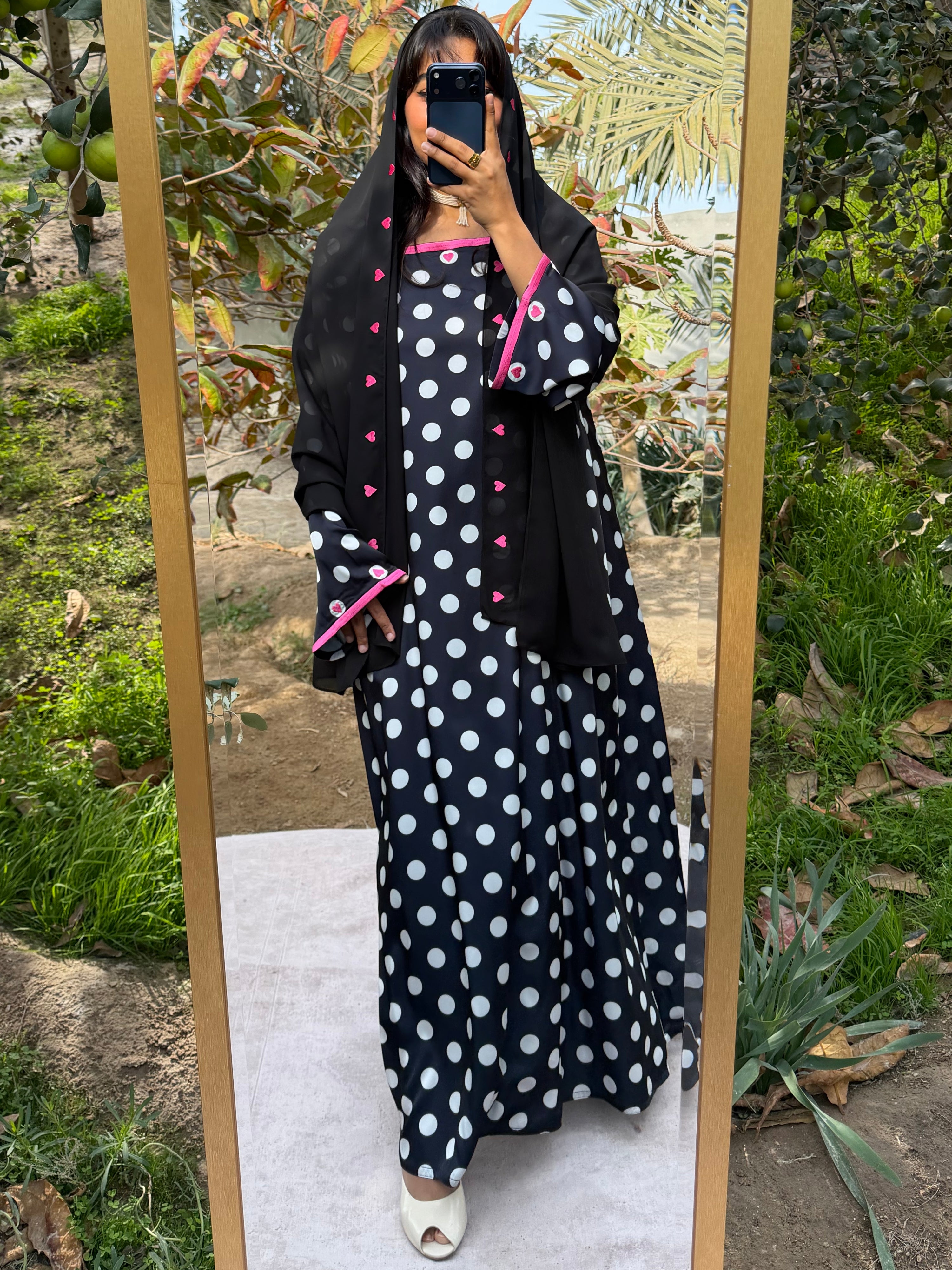 MEI694 - Black/White Polka Dots & Hearts Embroidered Jalabiya with Headscarf