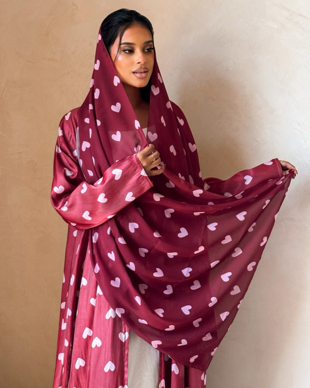 MEI721 - Maroon & Pink Hearts Organza Abaya ♥️🩷