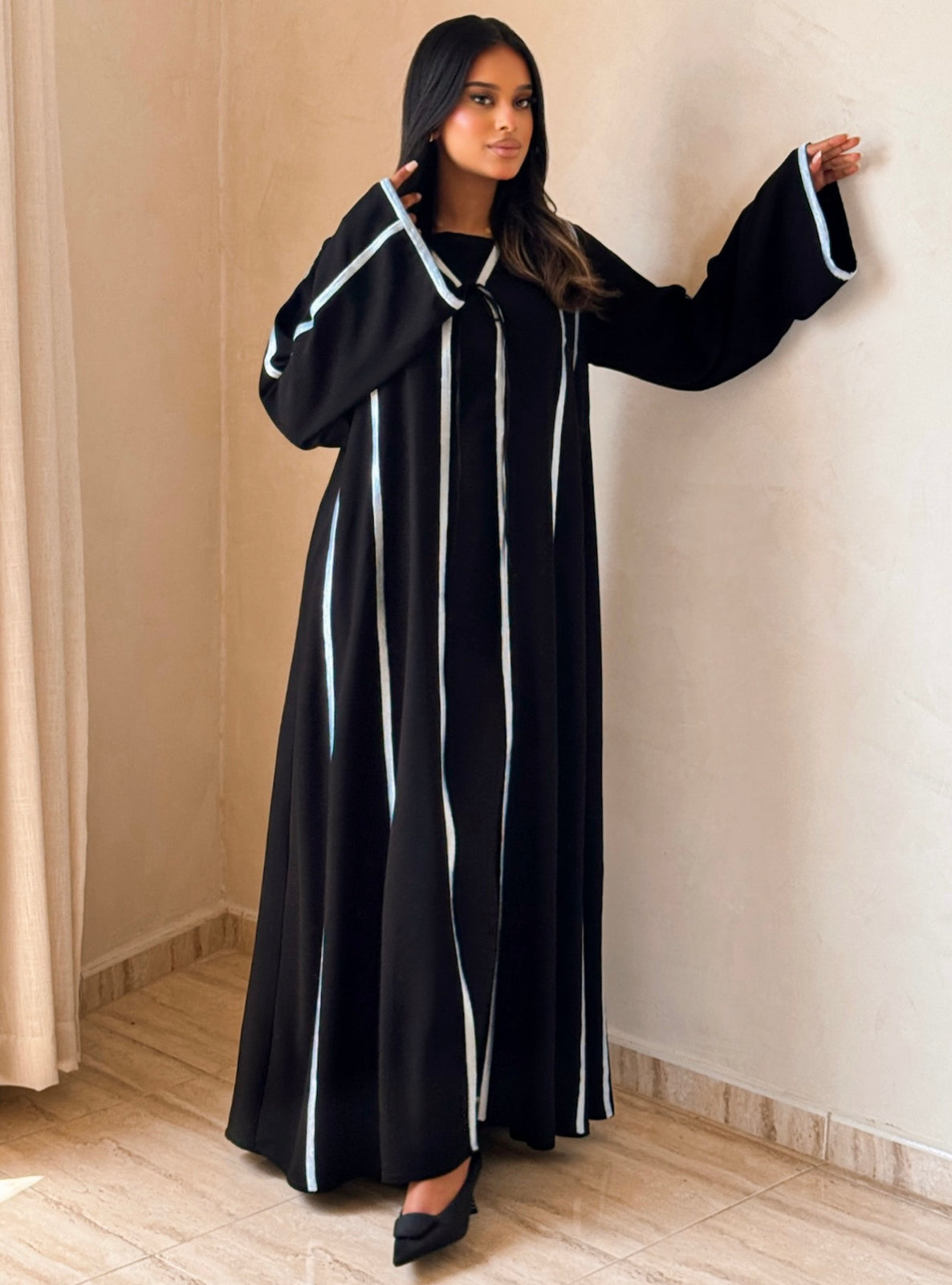 MEI733 - Black A-Cut Abaya with Light Blue Embroidery & Matching Headscarf