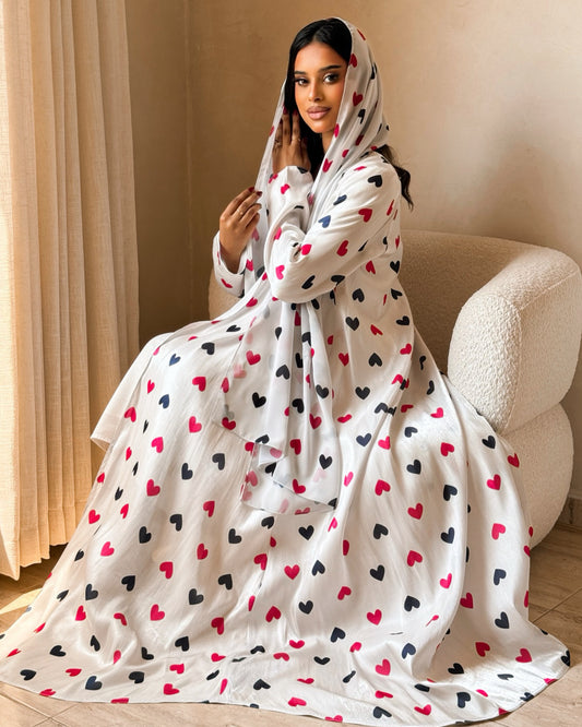 MEI723 - White & Black & Red Hearts Organza Abaya 🤍🖤❤️