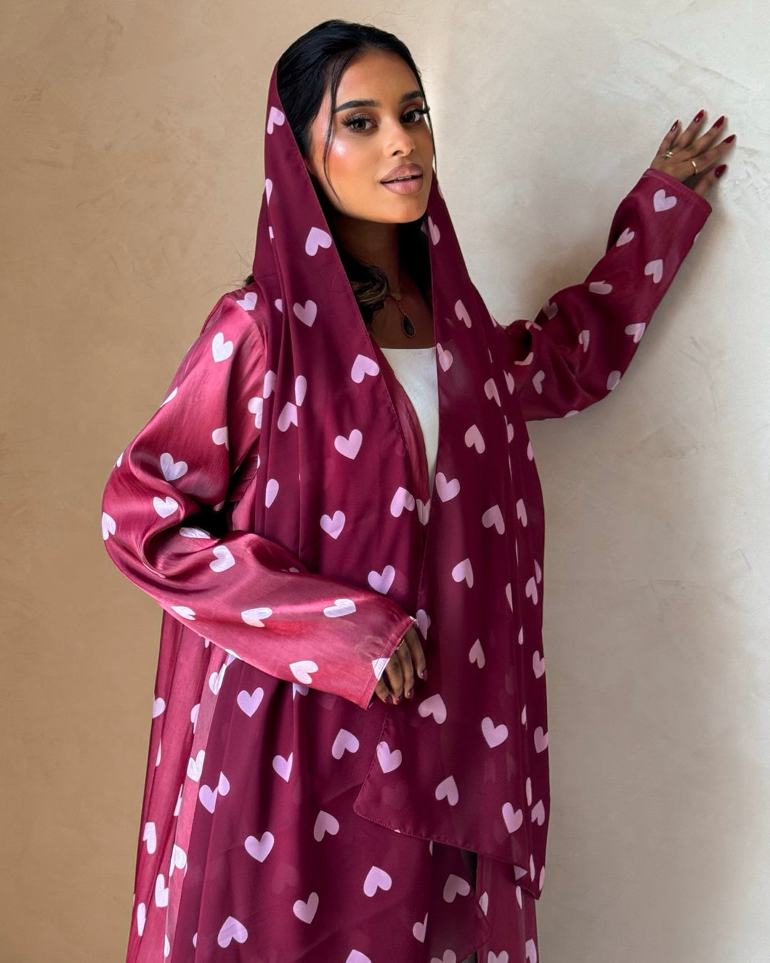 MEI721 - Maroon & Pink Hearts Organza Abaya ♥️🩷