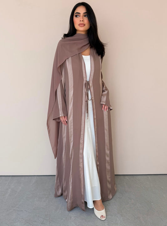 MEI767 - Aura A-Cut Abaya in Warm Taupe with Matching Headscarf
