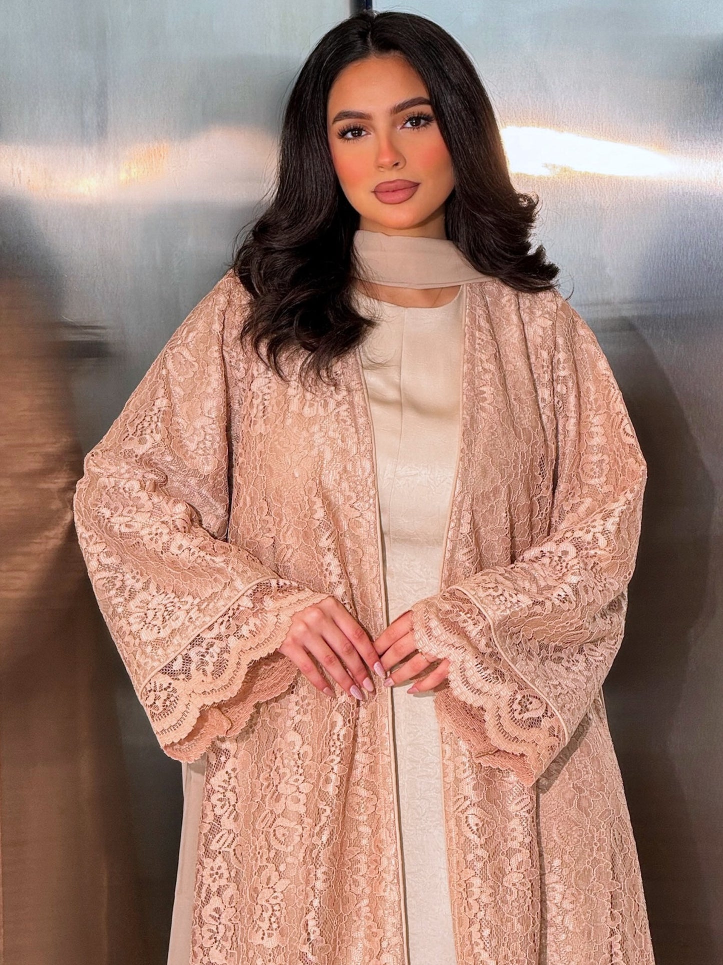 MEI714 - Beige Lace Abaya with Matching Headscarf