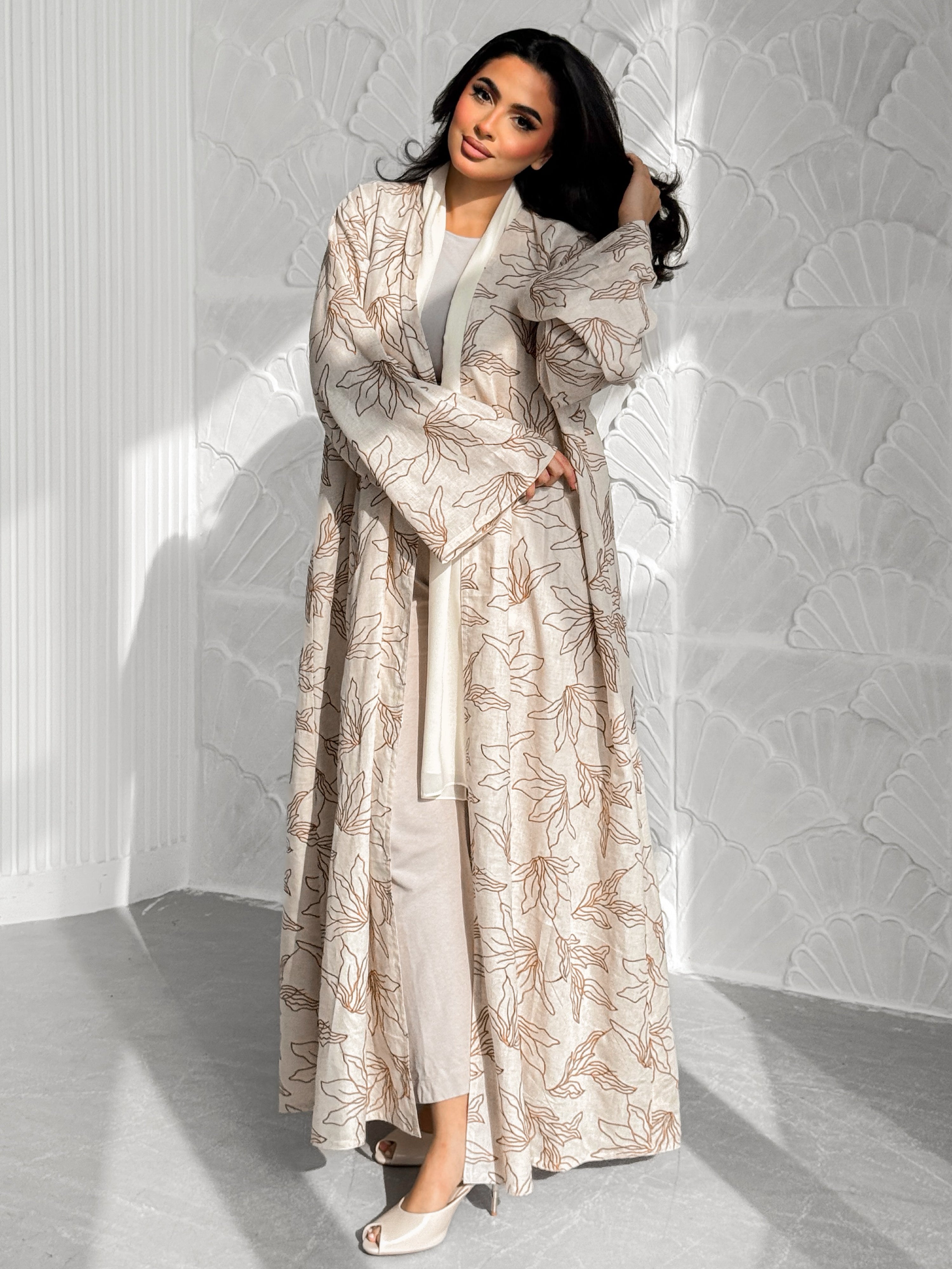 MEI606 - Indian Linen Abaya with Brown Embroidery