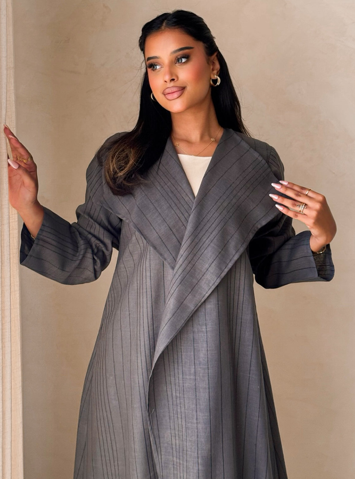 MEI747 - Striped Dark Grey A-Cut Linen Abaya with Matching Headscarf