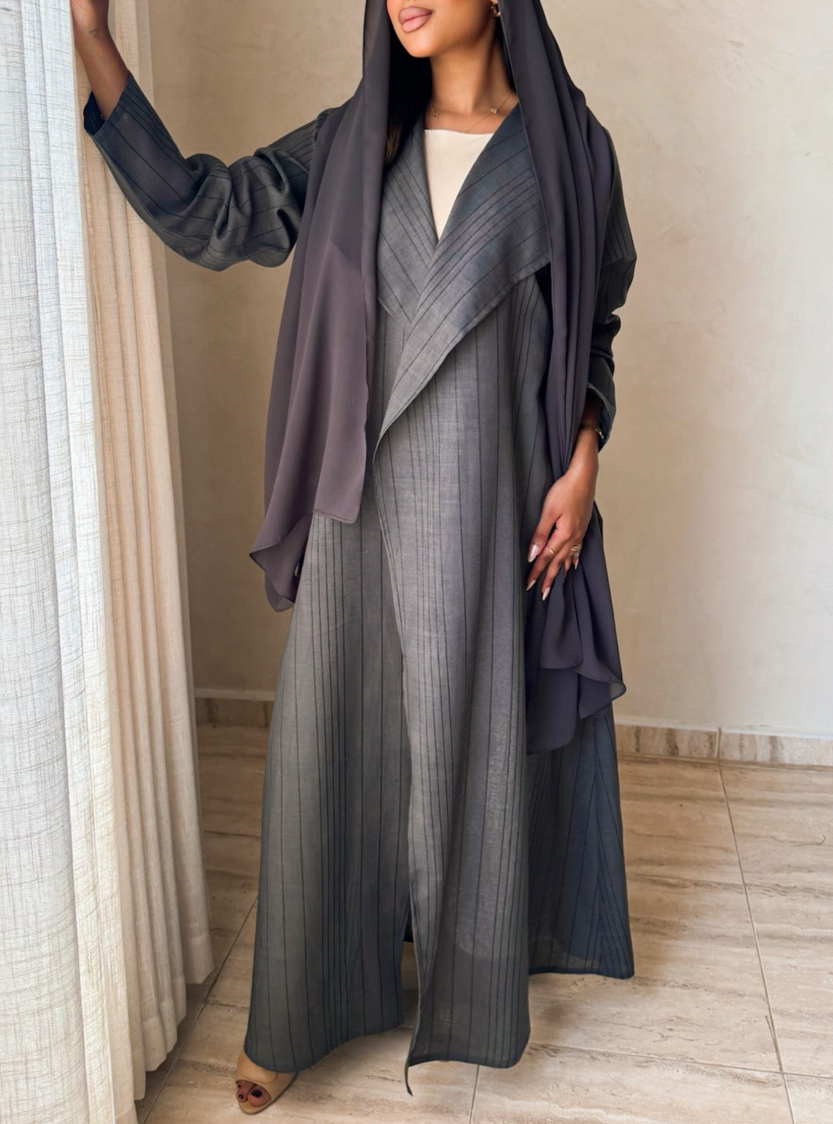 MEI747 - Striped Dark Grey A-Cut Linen Abaya with Matching Headscarf