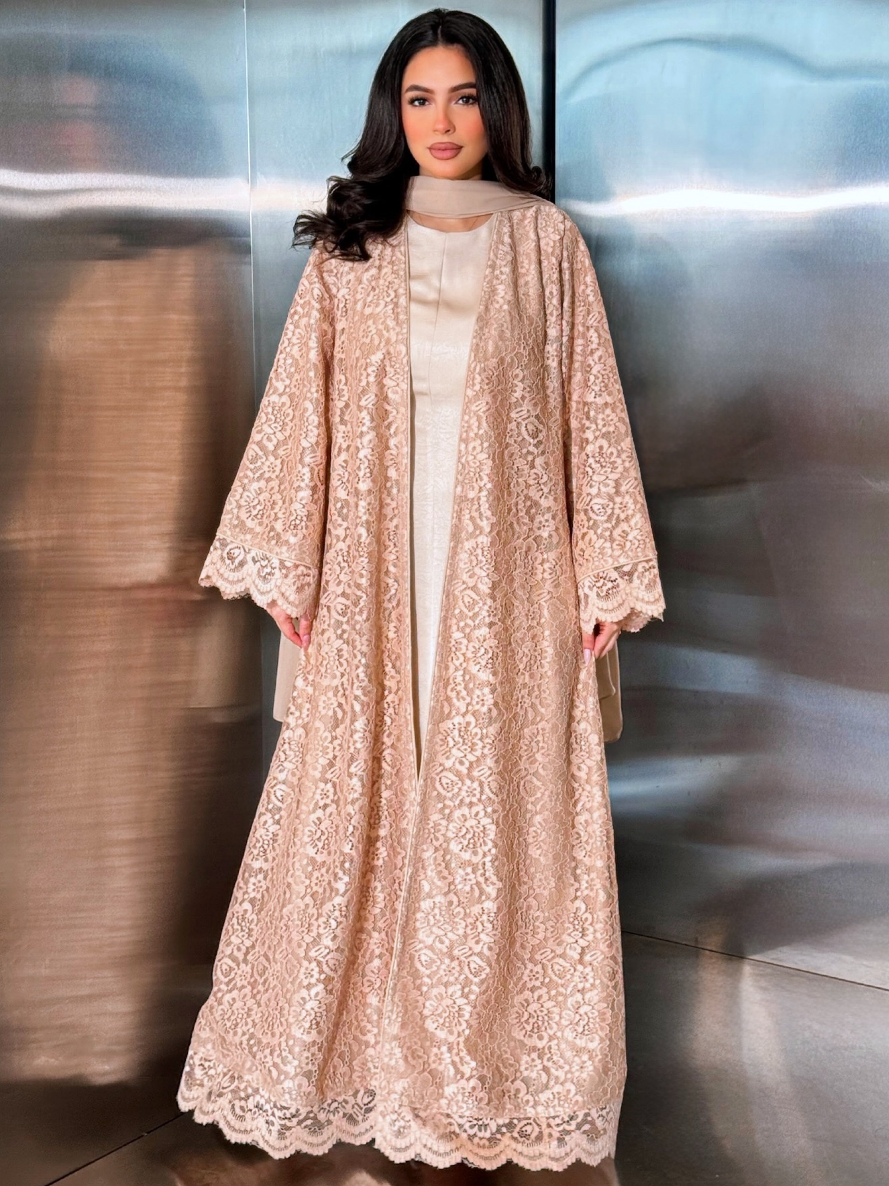 MEI714 - Beige Lace Abaya with Matching Headscarf