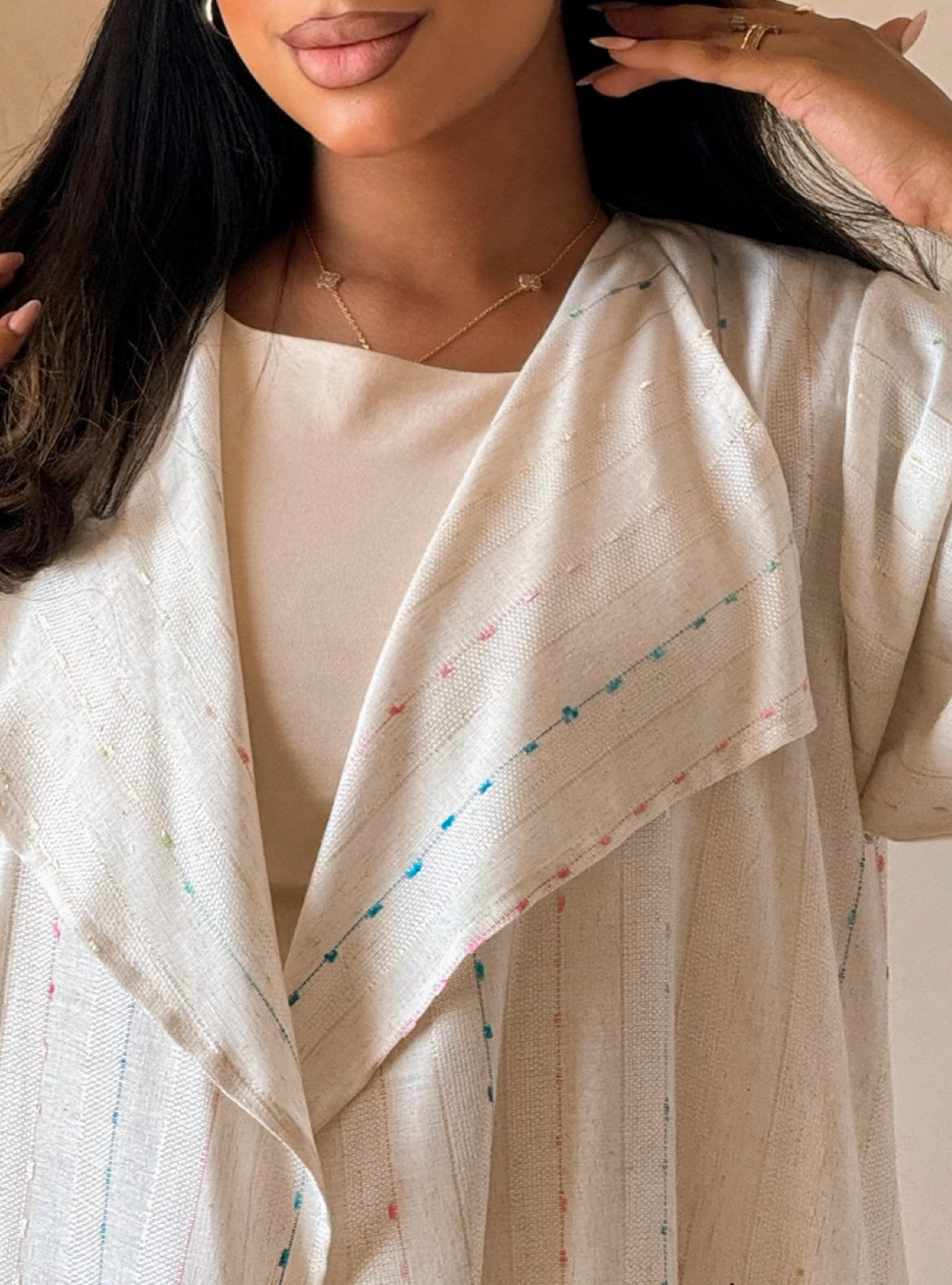 MEI746 - Striped Soft Ivory A-Cut Linen Abaya with Matching Headscarf