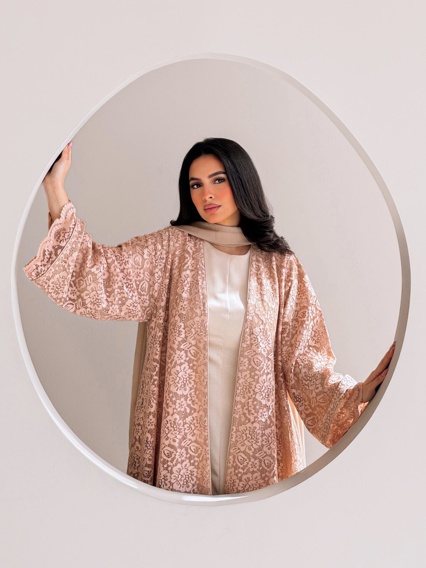 MEI714 - Beige Lace Abaya with Matching Headscarf