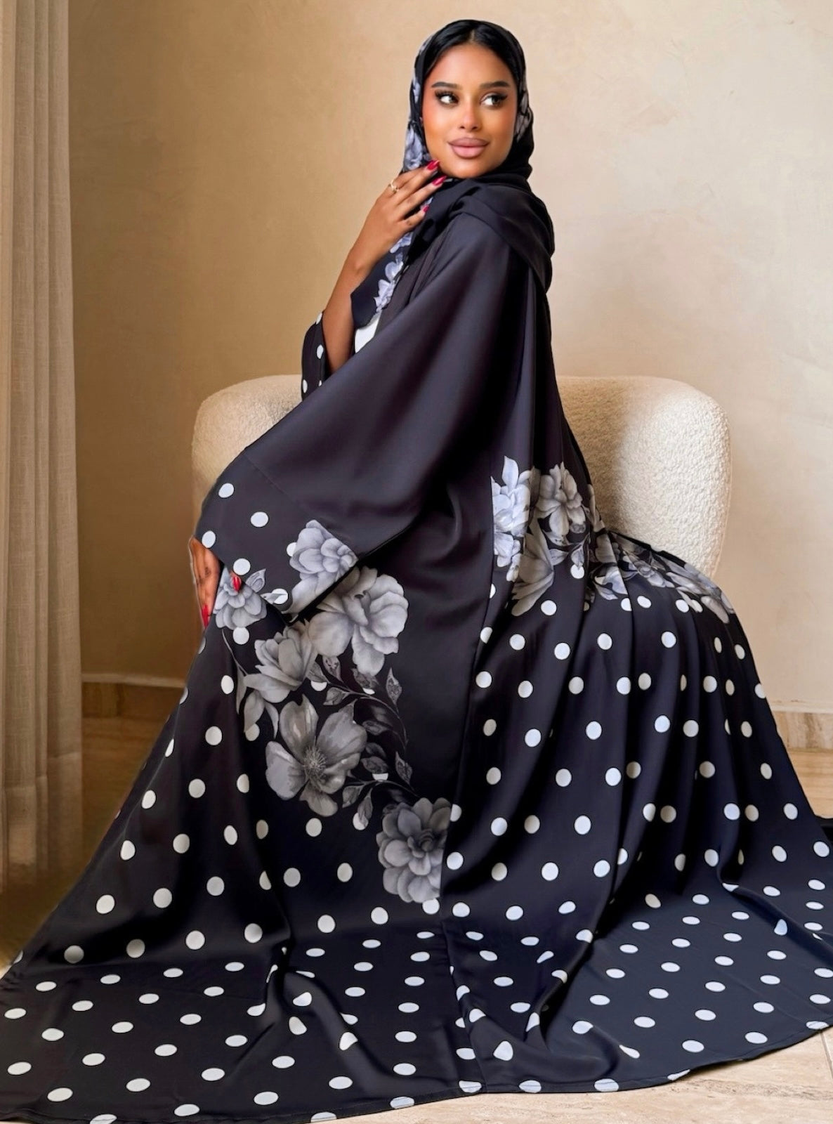 MEI743 - Black Half Bisht Polka Floral Abaya with Matching Headscarf