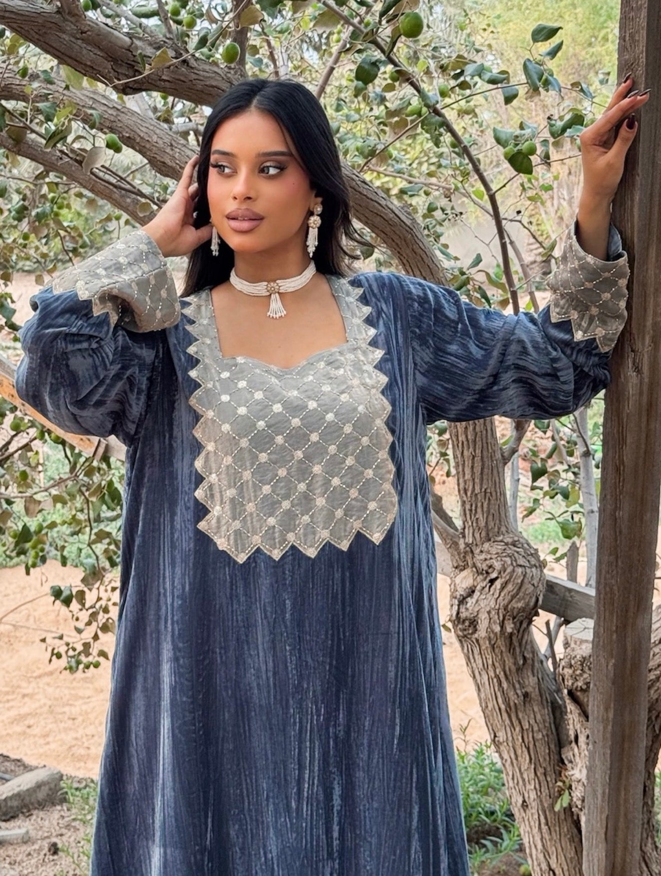 MEI668 - Grey Velvet & Embroidered Silk Jalabiya with Headscarf