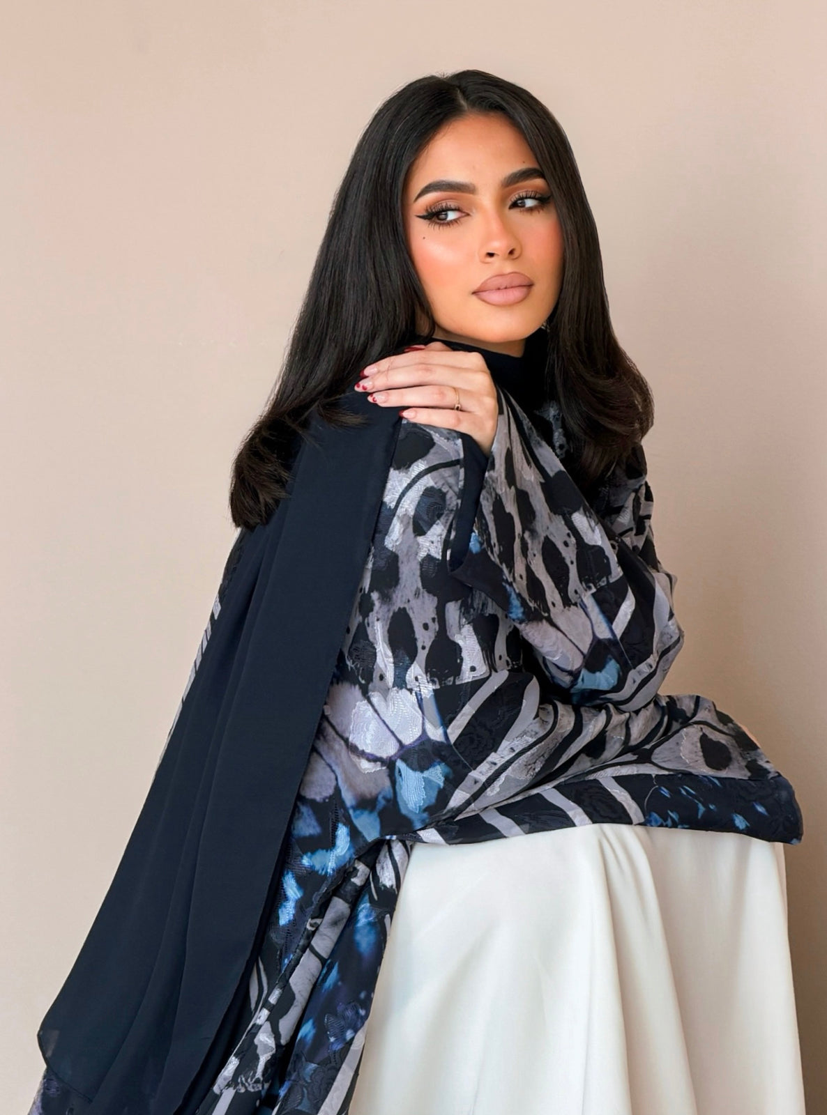 MEI786 - Mixed Prints Half Bisht Abaya with Matching Headscarf