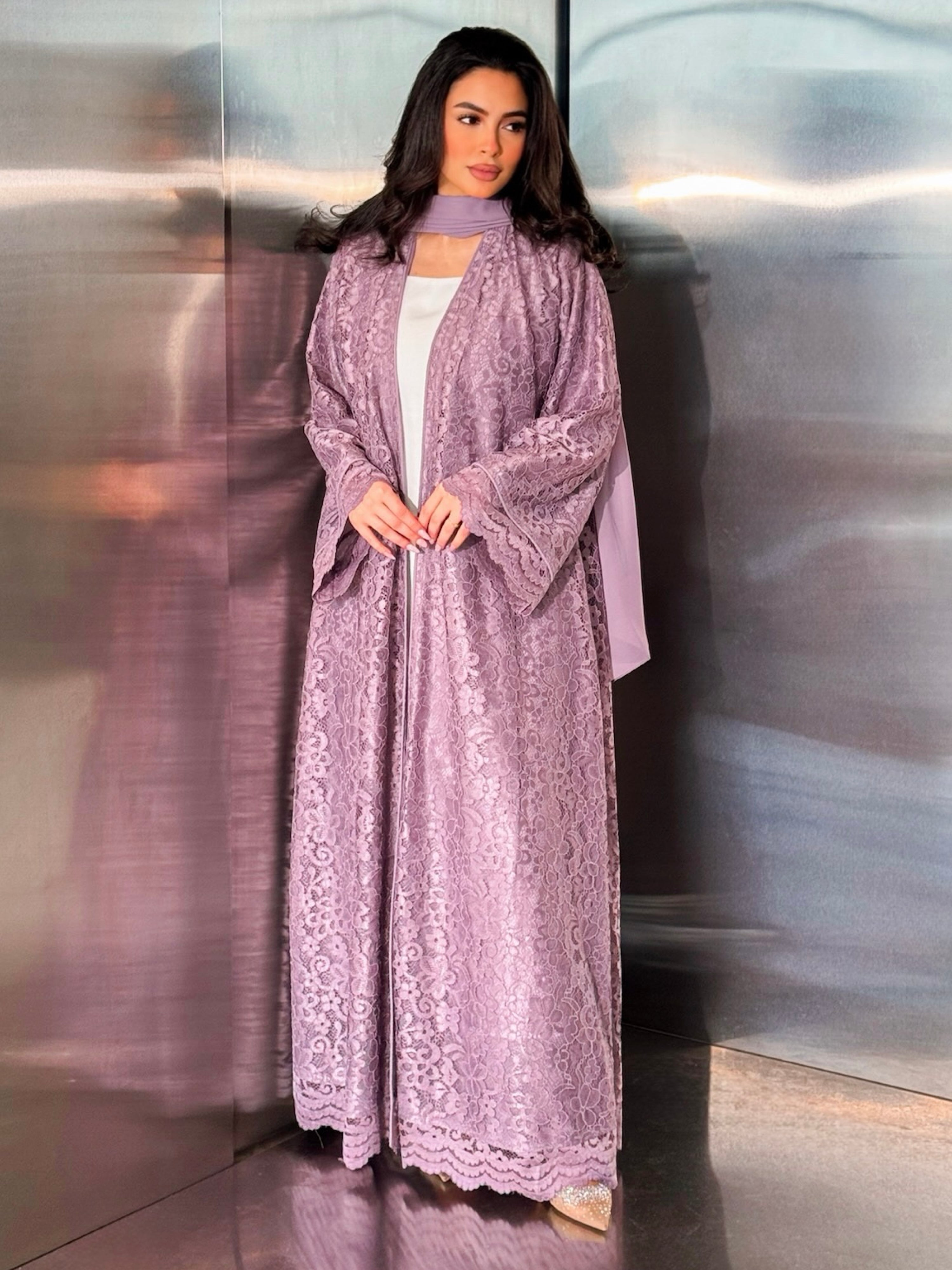 MEI718 - Purple Lace Abaya with Matching Headscarf