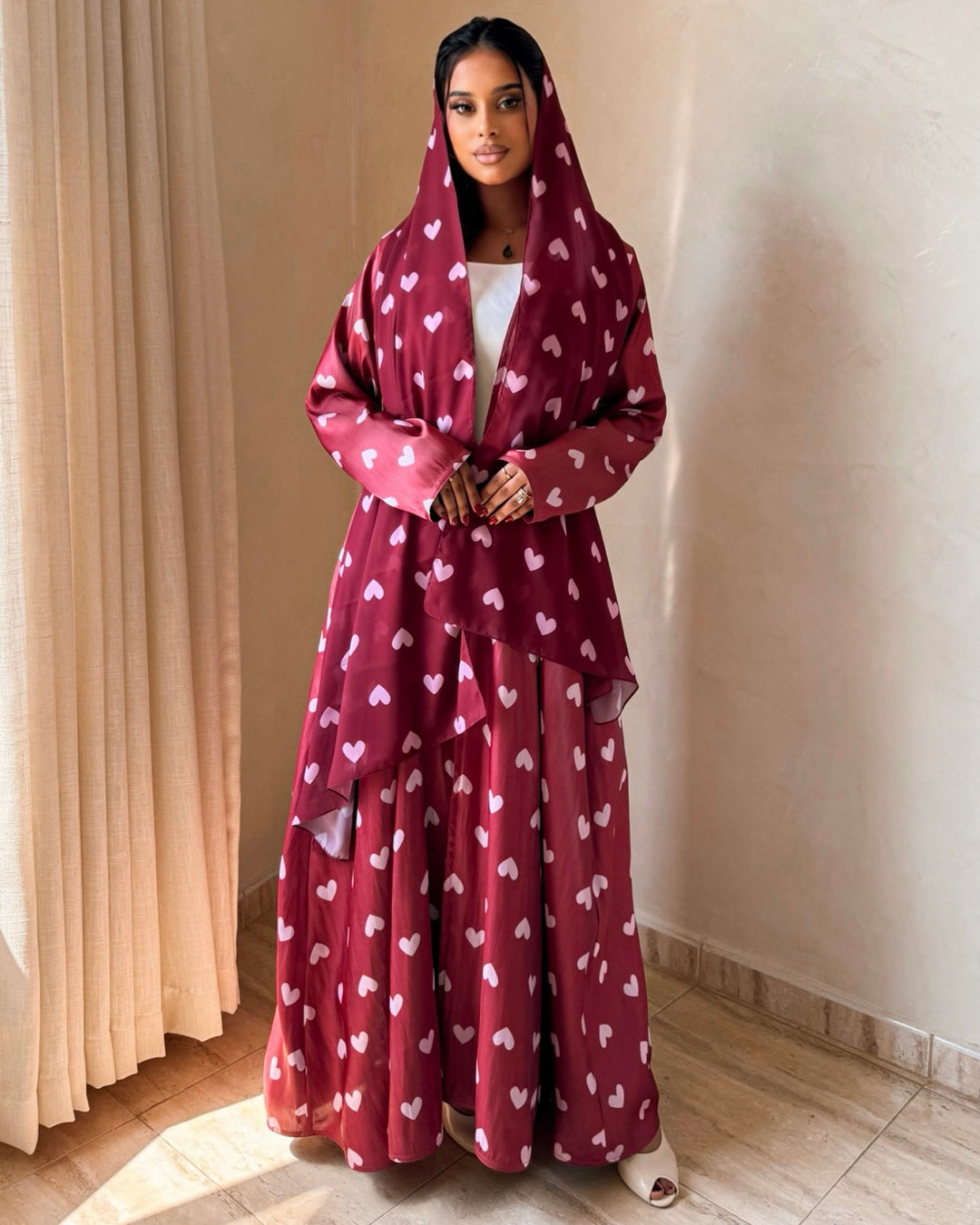 MEI721 - Maroon & Pink Hearts Organza Abaya ♥️🩷