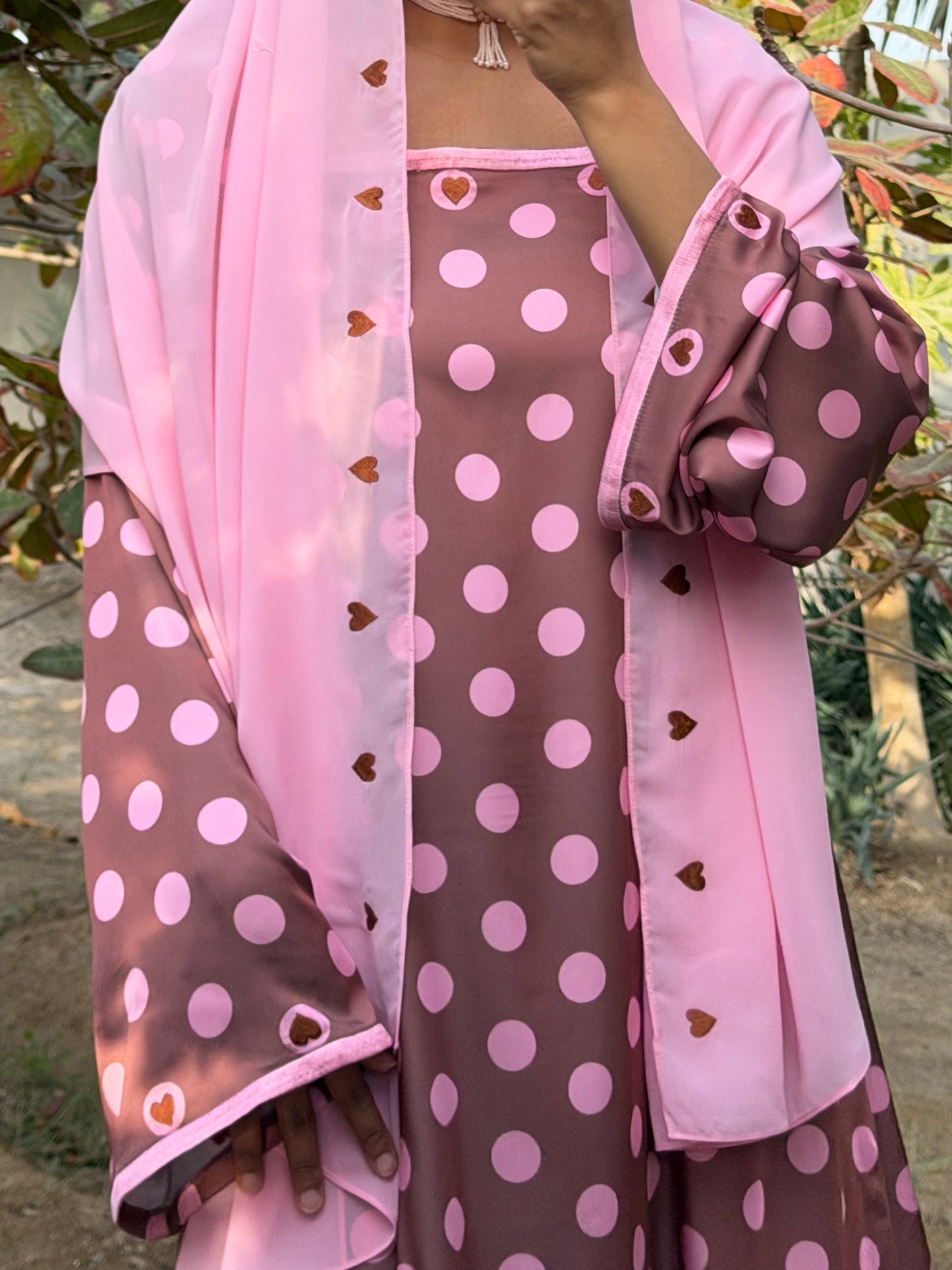 MEI692 - Brown/Pink Polka Dots & Hearts Embroidered Jalabiya with Headscarf