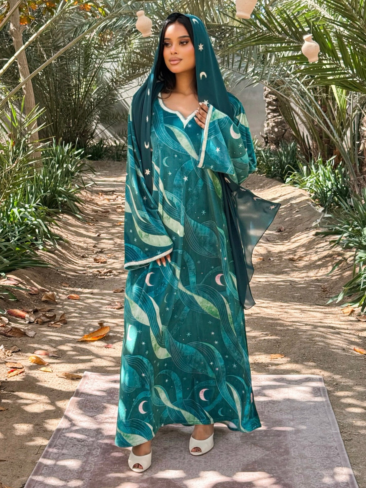 MEI706 - Green Stars & Moon Embroidered Jalabiya with Headscarf