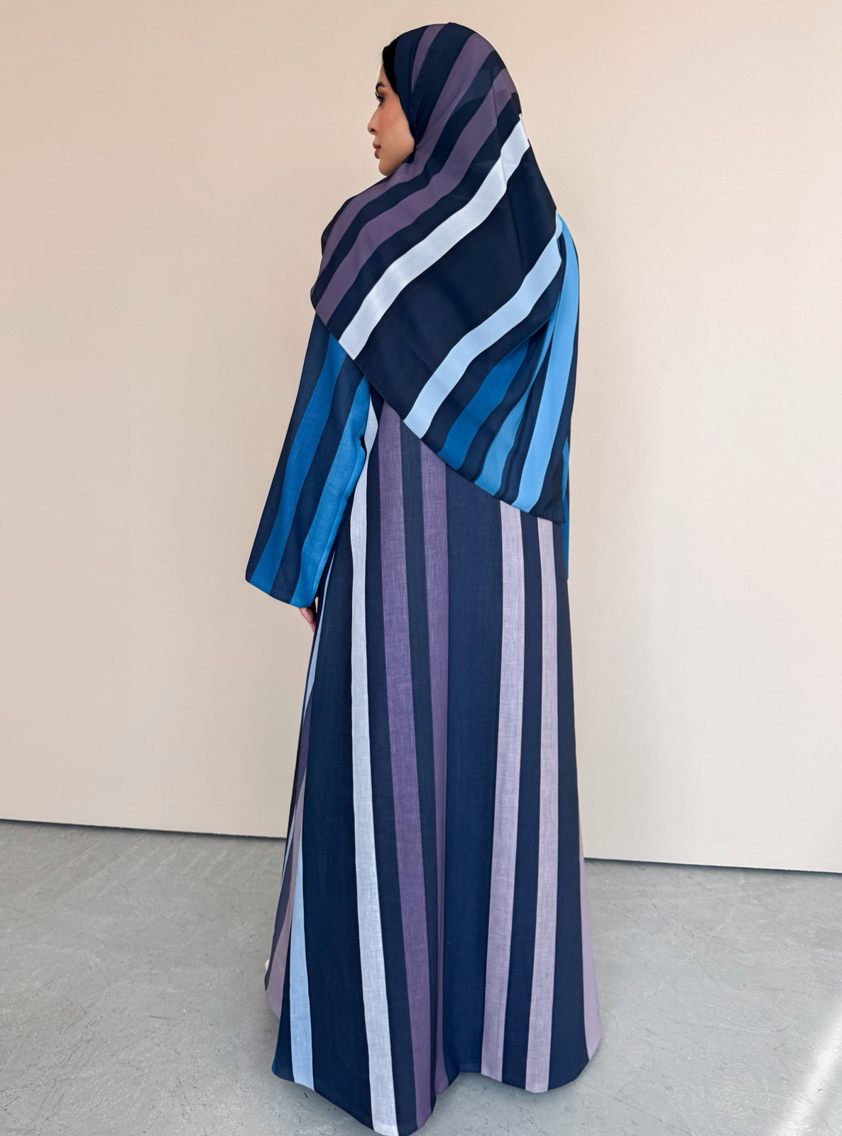 MEI763 - Striped A-Cut Linen Abaya with Matching Headscarf