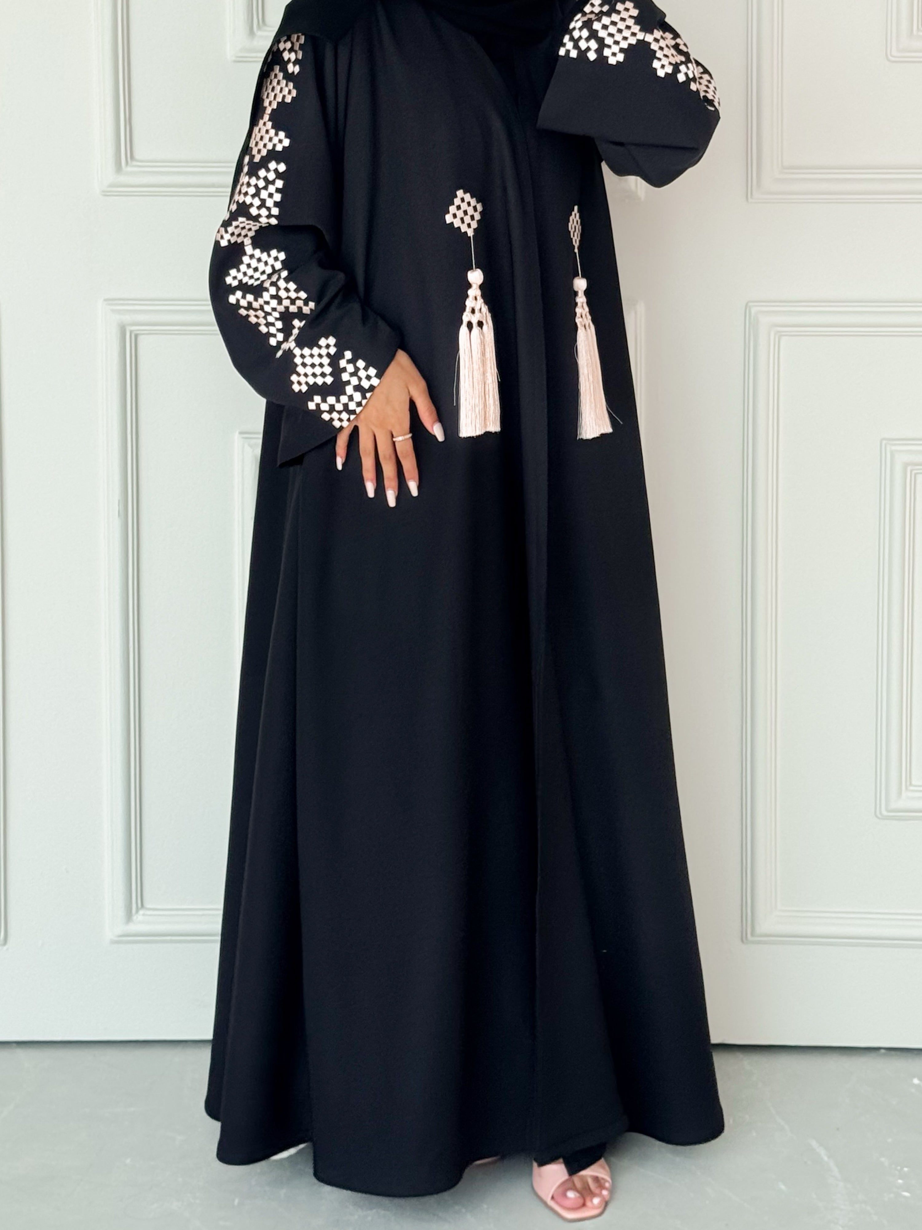MEI621 - Black Abaya with Beige Embroidery