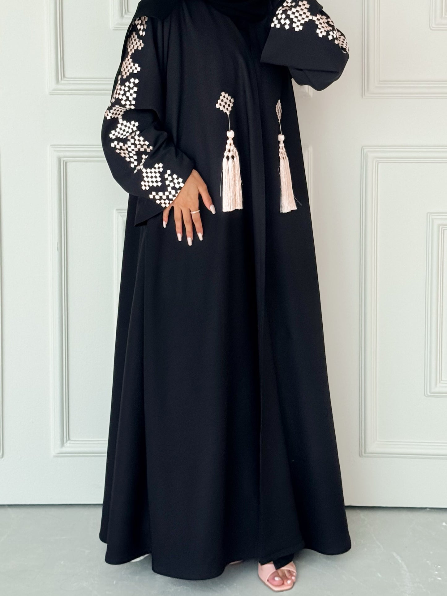 MEI621 - Black Abaya with Beige Embroidery