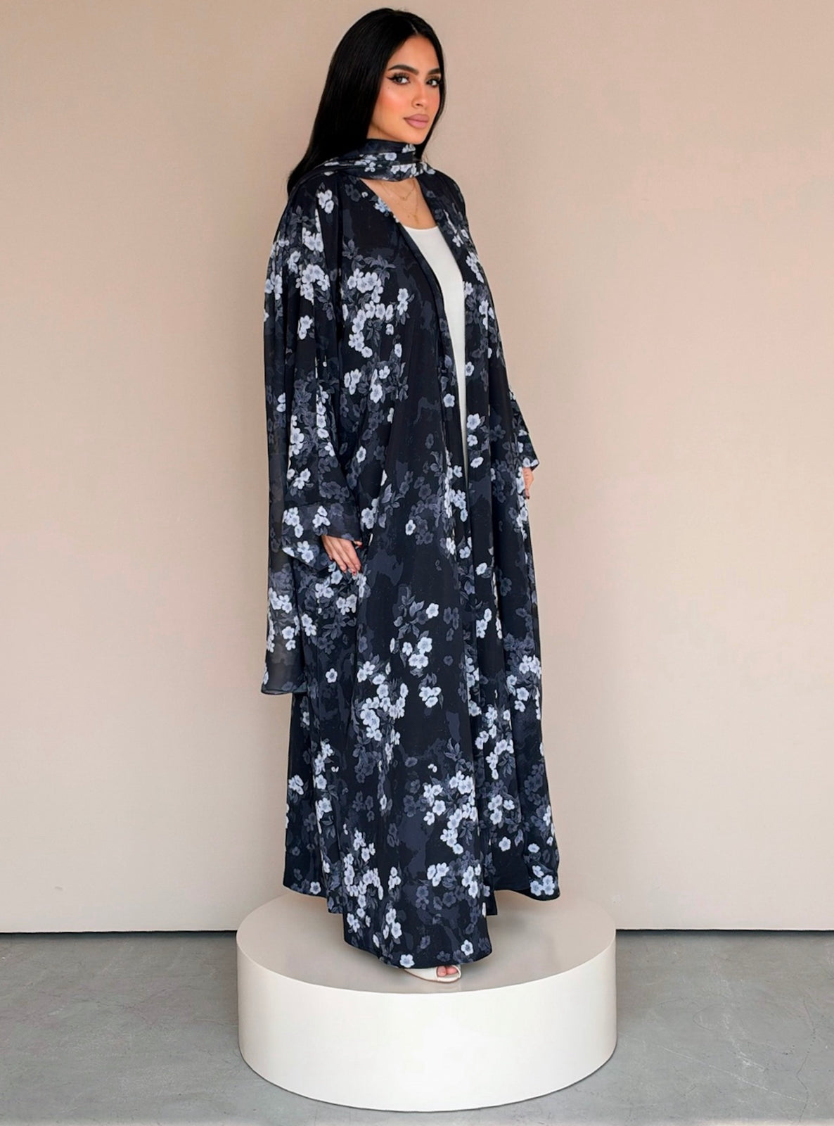 MEI777 - Floral Print Half Bisht Abaya with Matching Headscarf