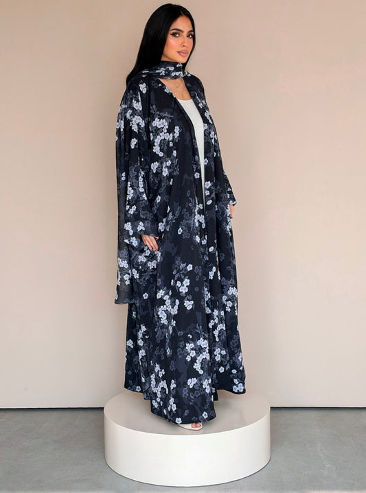 MEI777 - Floral Print Half Bisht Abaya with Matching Headscarf