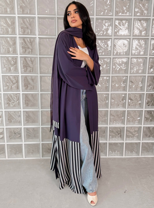 MEI756 - Linear Crepe Square Cut Abaya in Midnight Purple