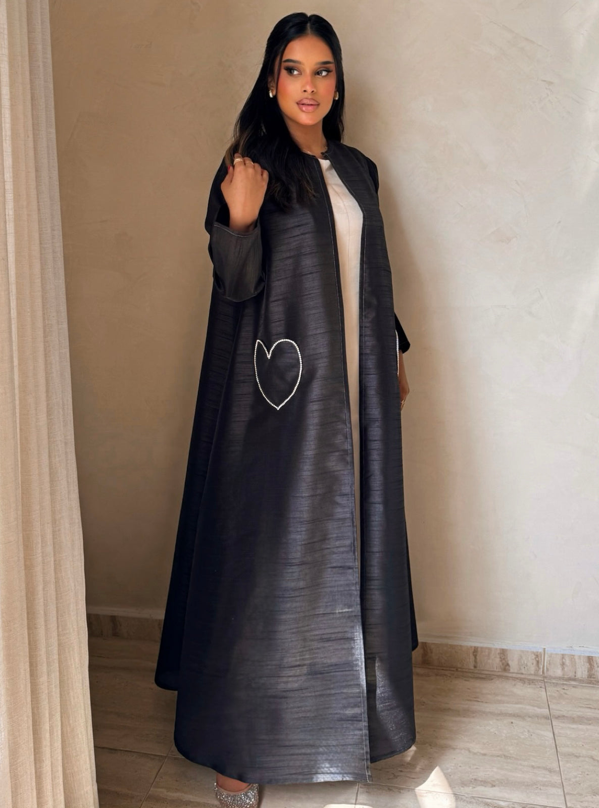 MEI730 - Black A-Cut Taffeta & Crystals Abaya with Headscarf