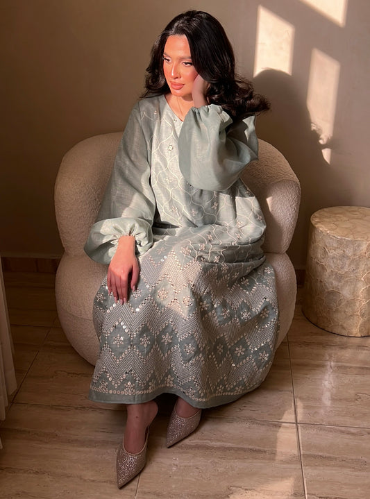 MEI527 - Light Turquoise Embroidered Jalabiya