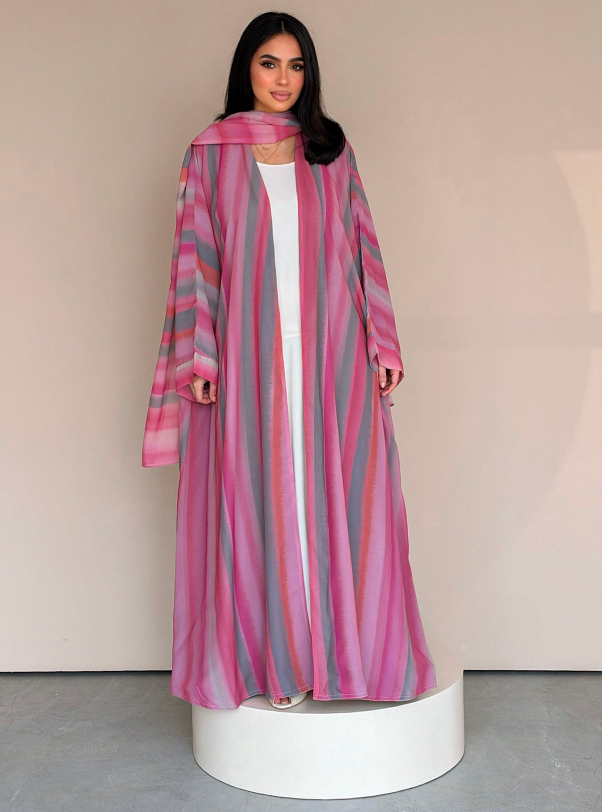 MEI784 - Striped Print Half Bisht Abaya with Matching Headscarf