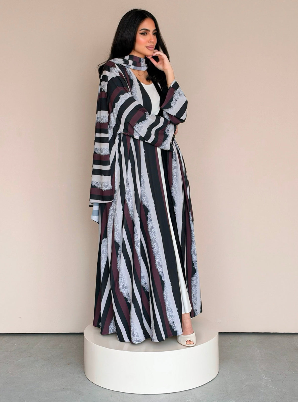 MEI783 - Stripes & Lace Print Half Bisht Abaya with Matching Headscarf