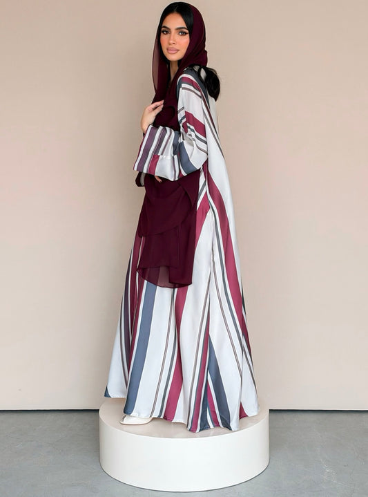 MEI779 - Striped Print Half Bisht Abaya with Matching Headscarf