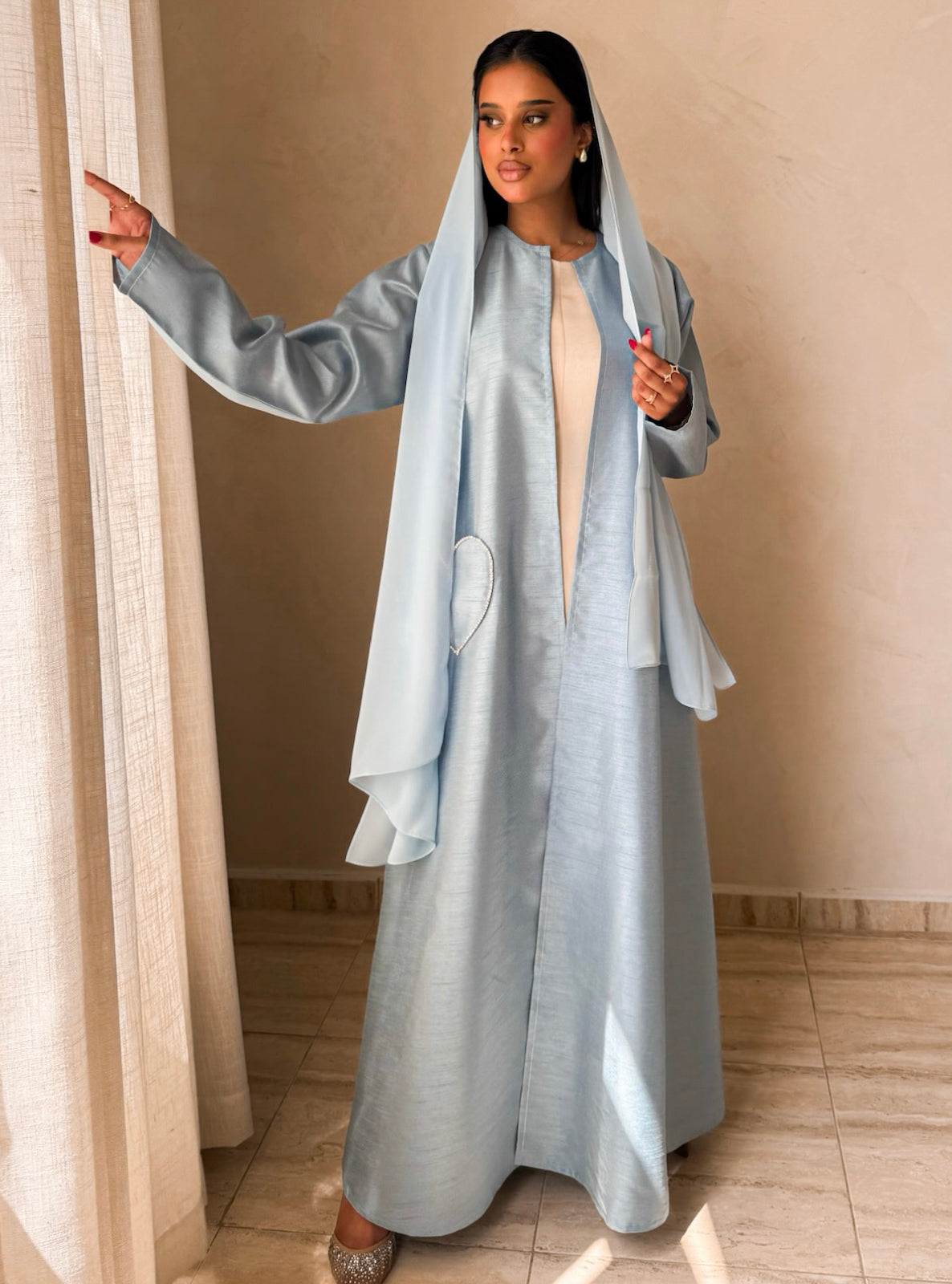 MEI726 - Light Blue A-Cut Taffeta & Crystals Abaya with Headscarf