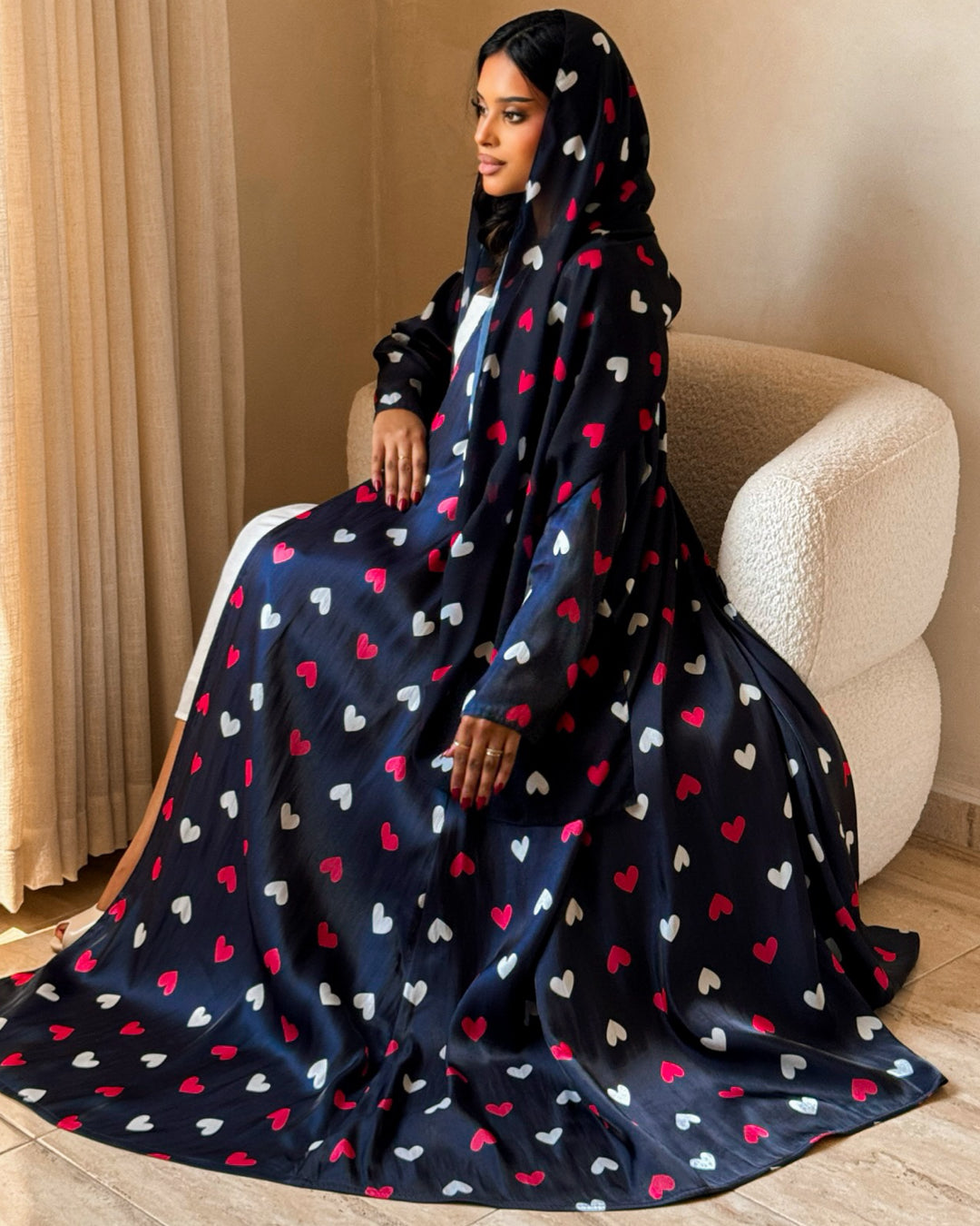 MEI724 - Black & White & Red Hearts A-Cut Organza Abaya 🖤🤍❤️