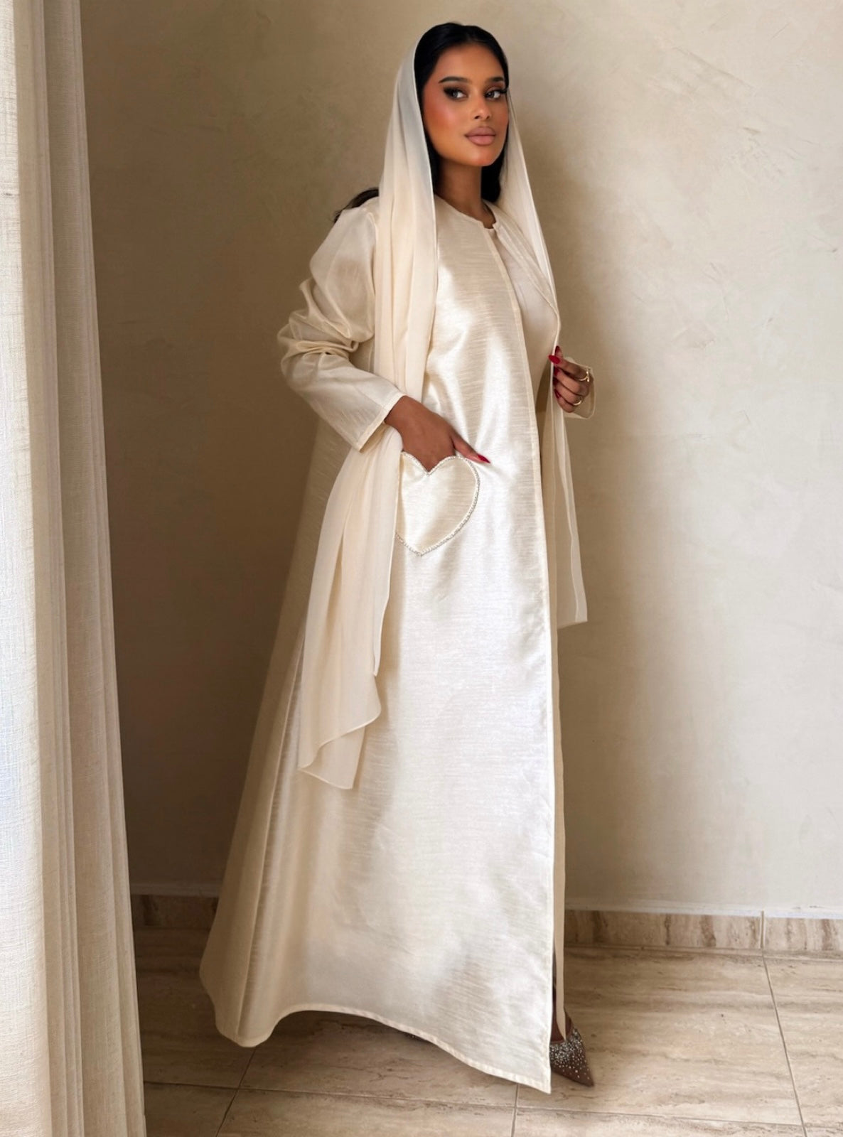 MEI729 - Off White A-Cut Taffeta & Crystals Abaya with Headscarf