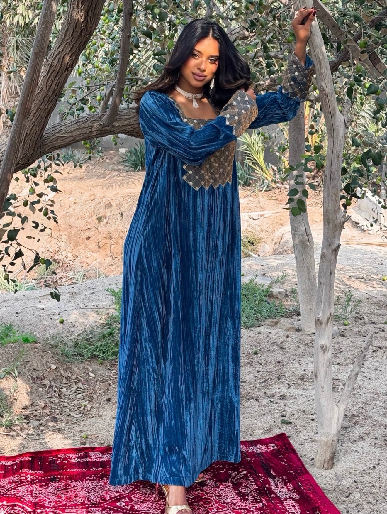 MEI670 - Blue Velvet & Embroidered Silk Jalabiya with Headscarf