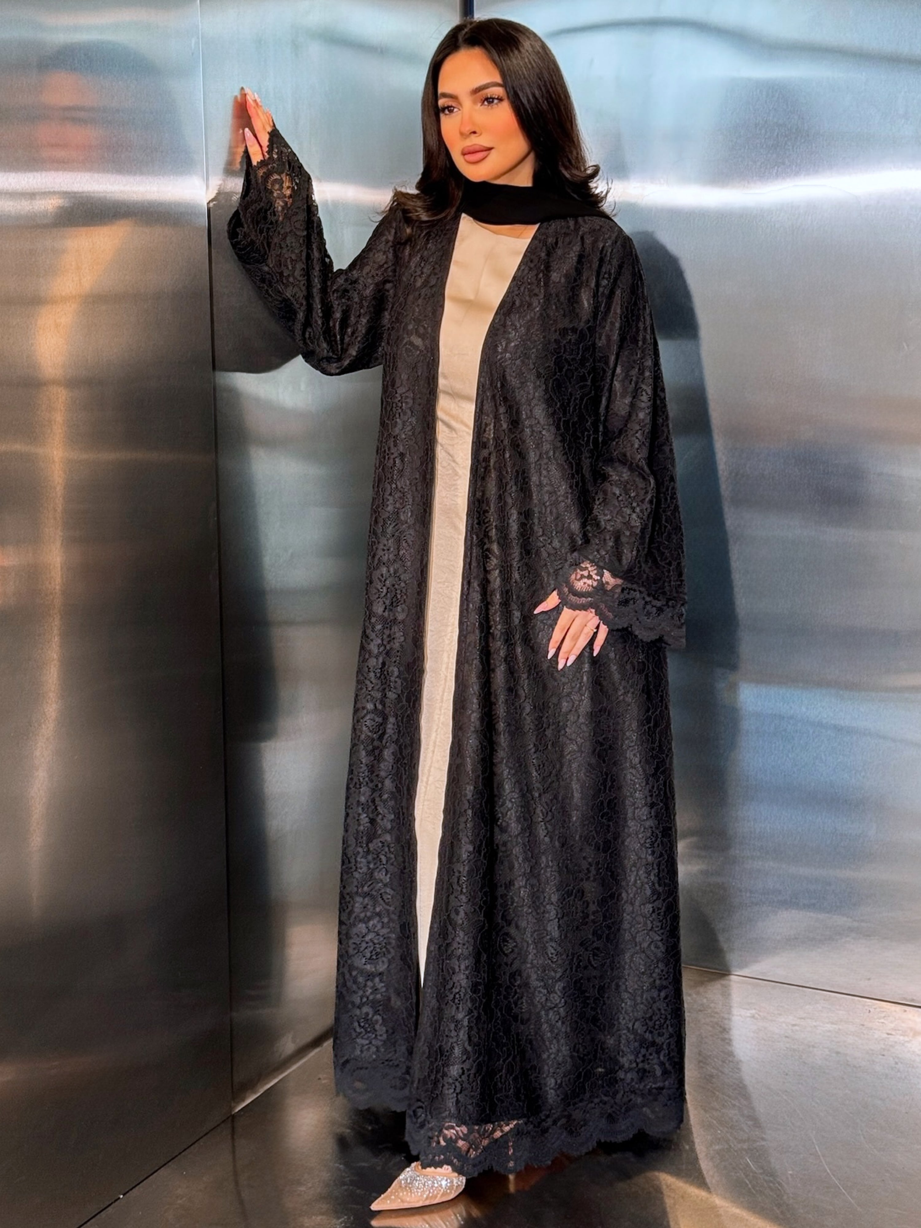 MEI711 - Black Lace Abaya with Matching Headscarf