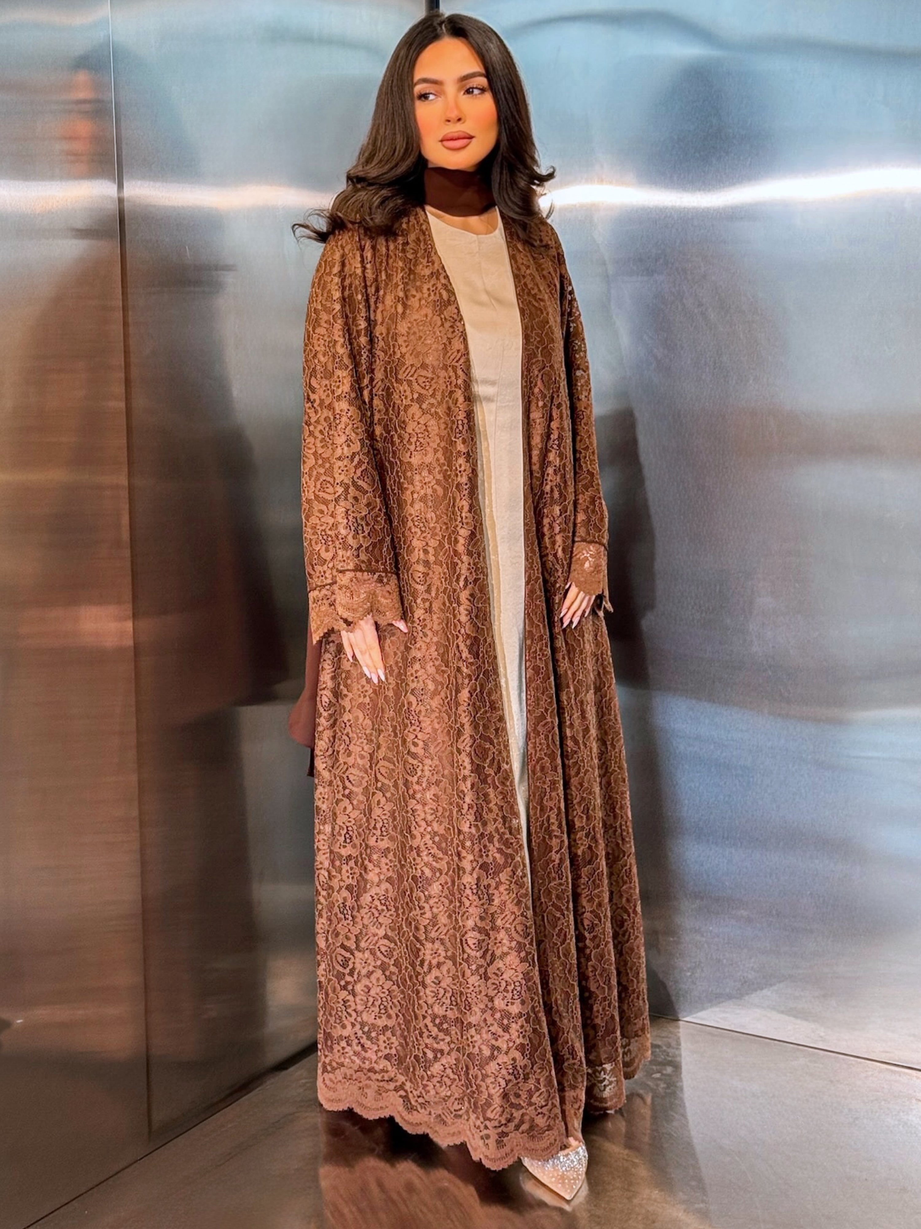 MEI713 - Brown Lace Abaya with Matching Headscarf