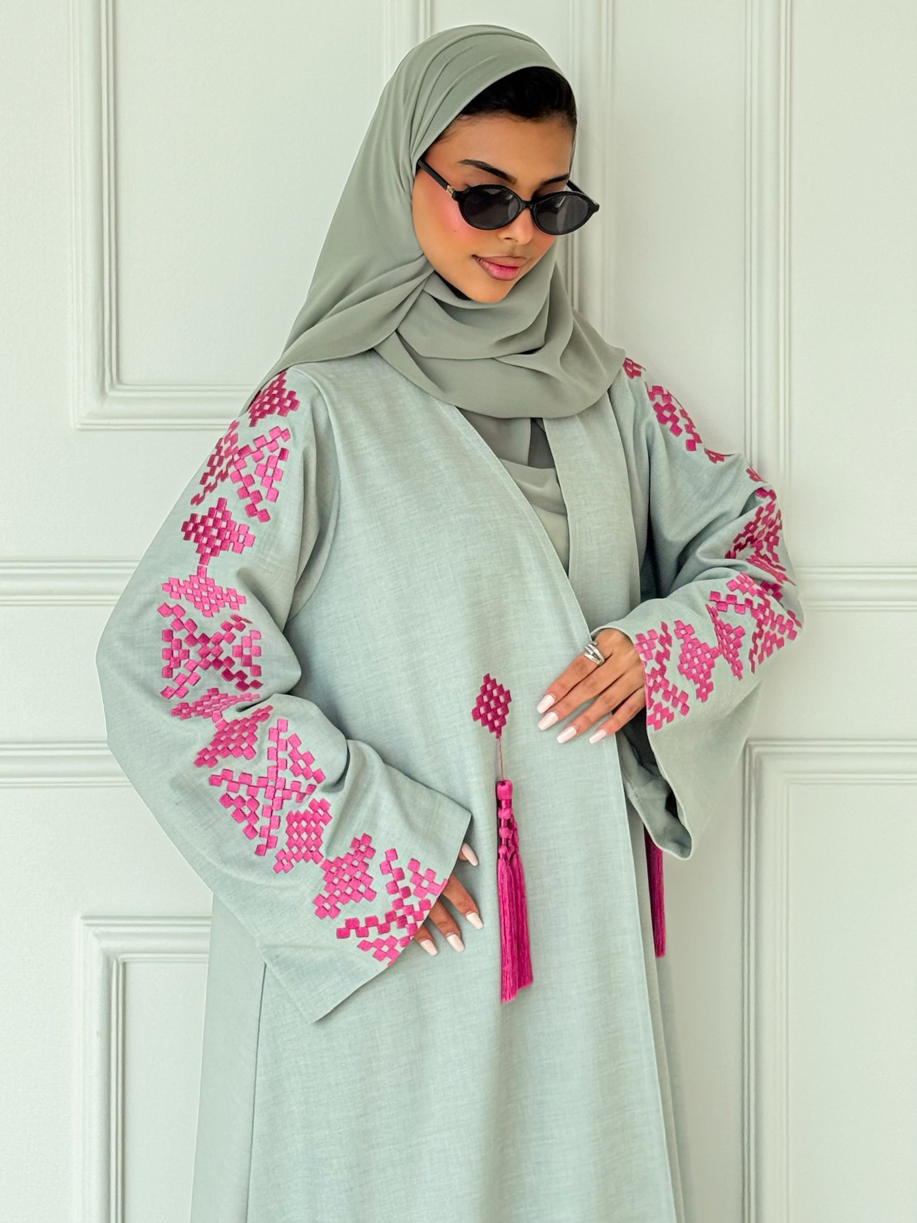 MEI623 - Light Green Abaya with Pink Embroidery