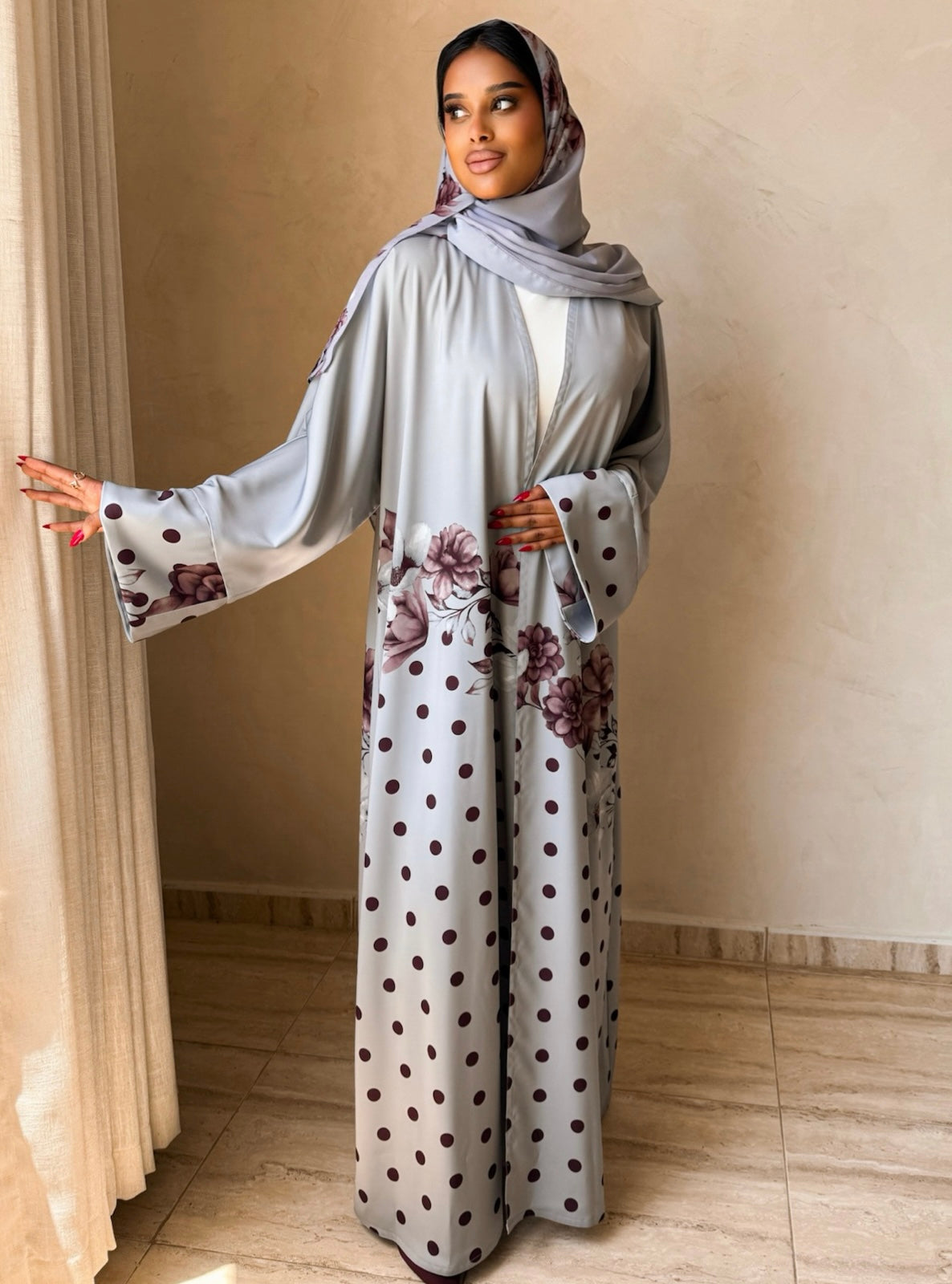 MEI741 - Grey Half Bisht Polka Floral Abaya with Matching Headscarf