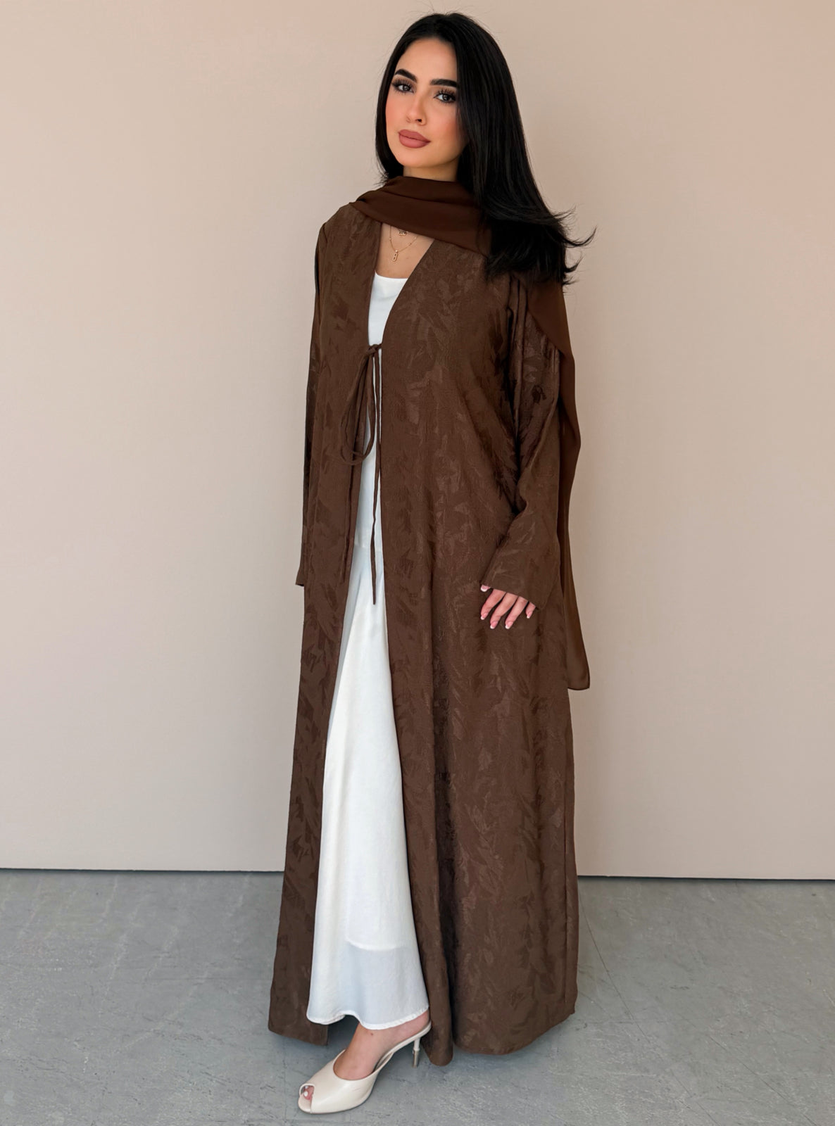 MEI771 - Jacquard A-Cut Abaya in Brown with Matching Headscarf