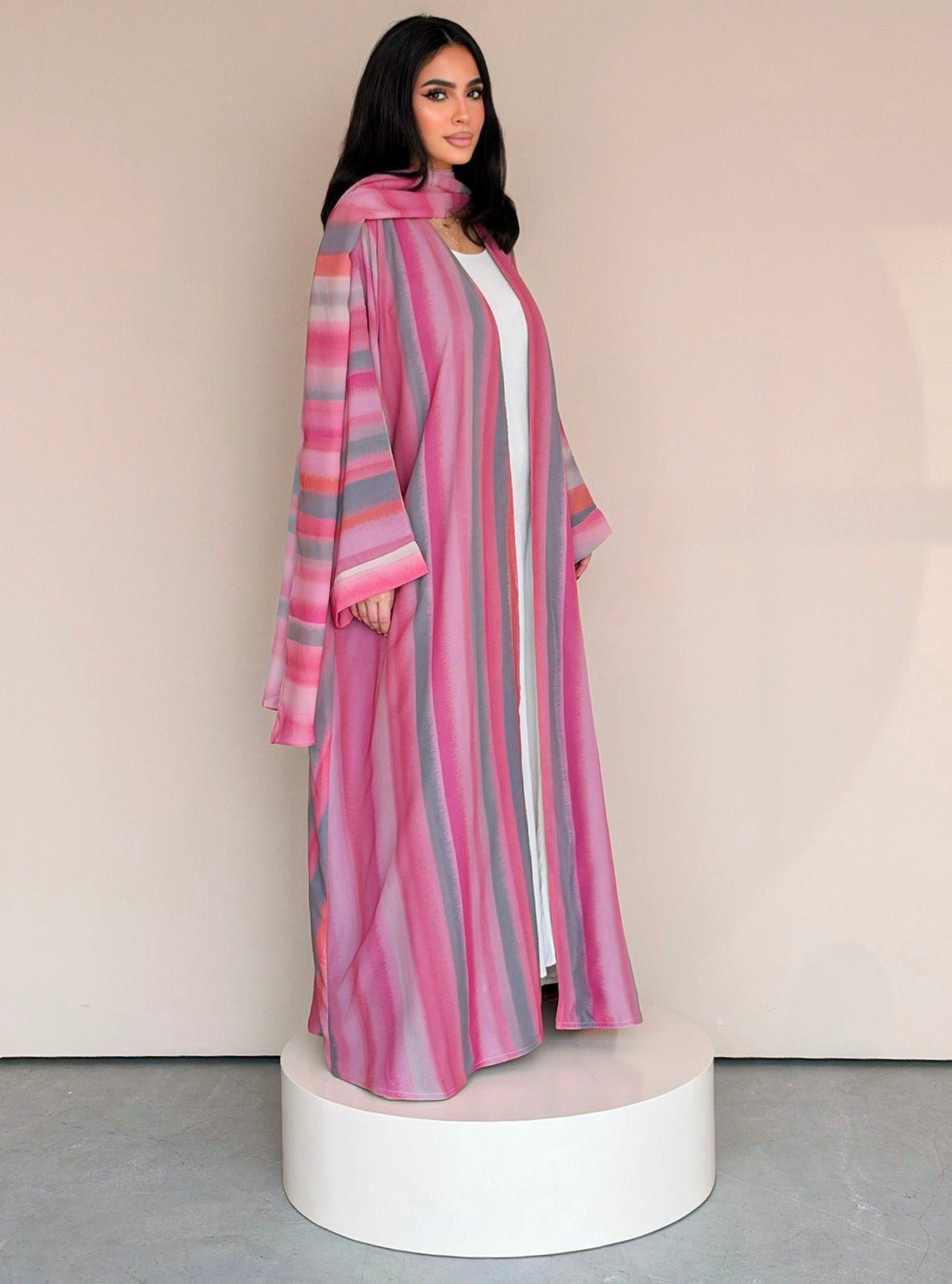 MEI784 - Striped Print Half Bisht Abaya with Matching Headscarf
