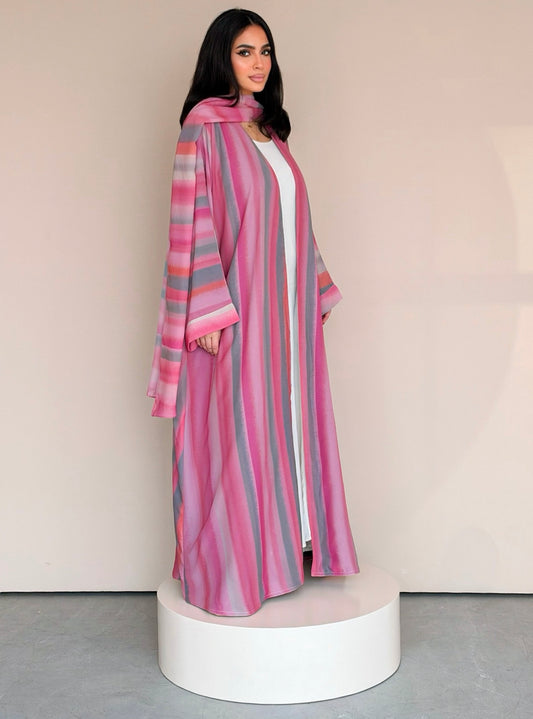 MEI784 - Striped Print Half Bisht Abaya with Matching Headscarf