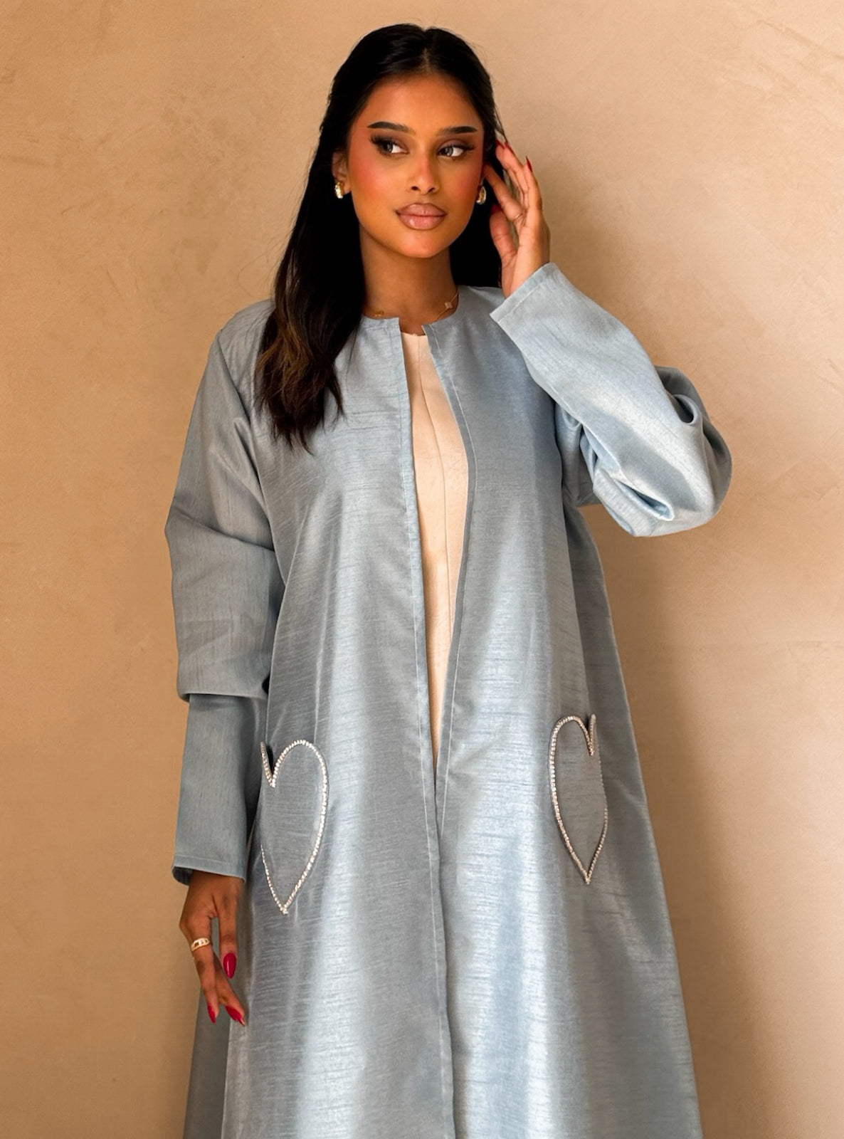 MEI726 - Light Blue A-Cut Taffeta & Crystals Abaya with Headscarf