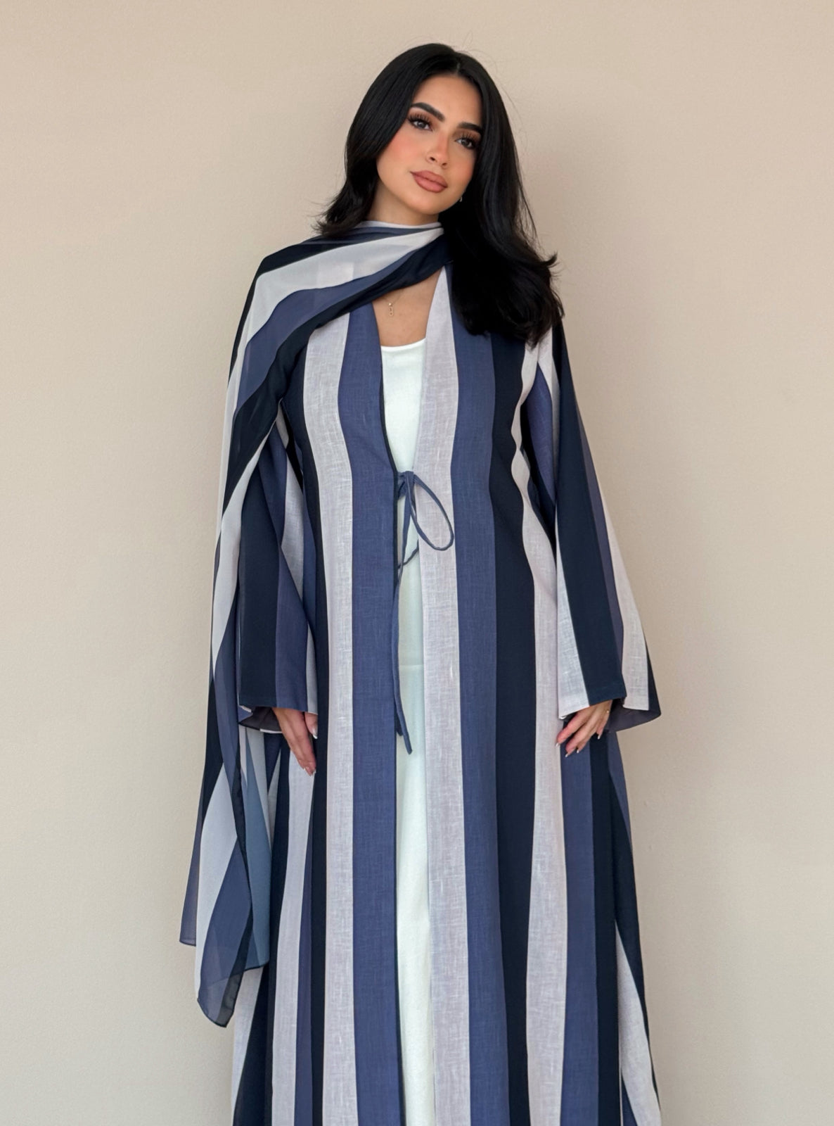 MEI765 - Striped A-Cut Linen Abaya with Matching Headscarf