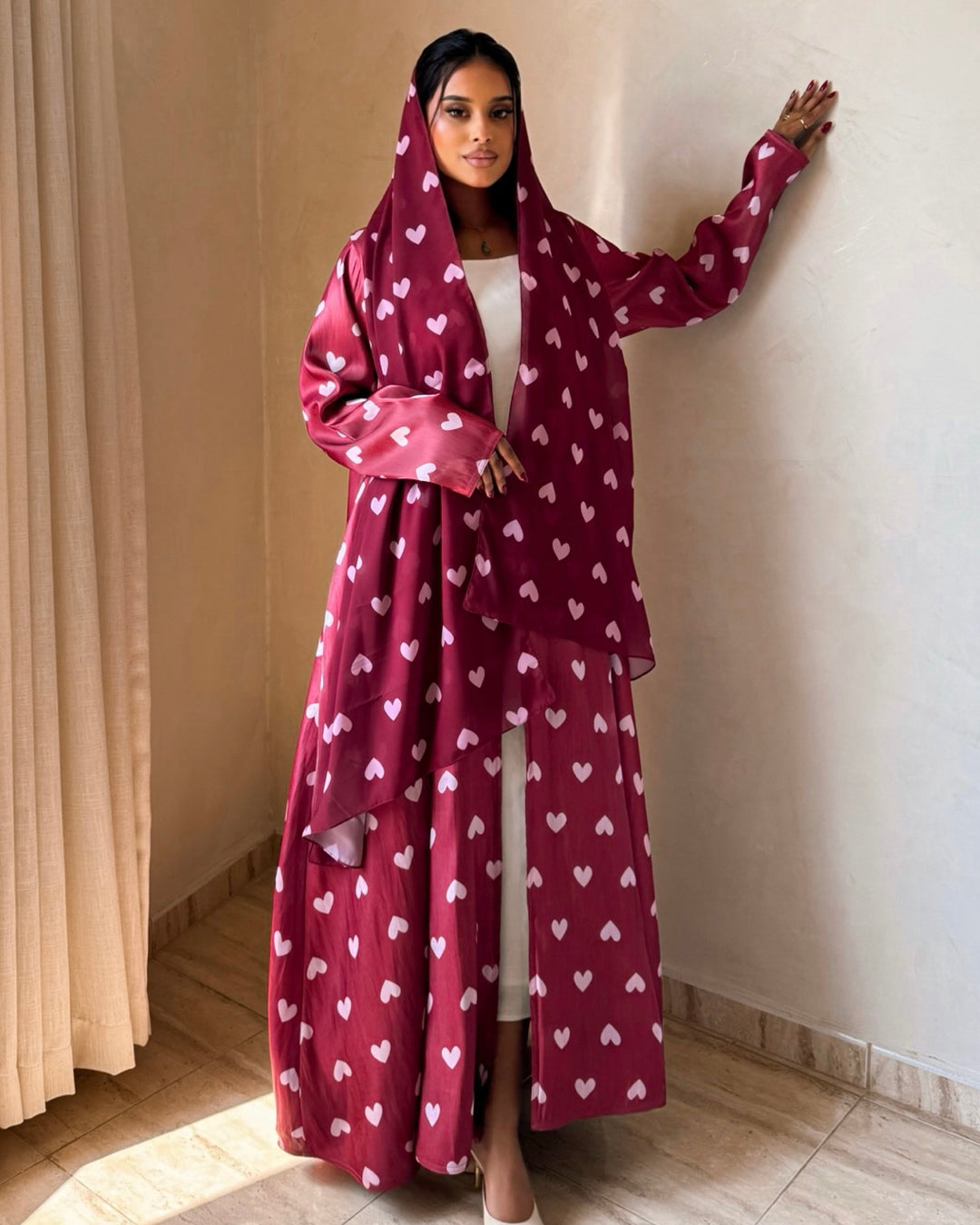 MEI721 - Maroon & Pink Hearts Organza Abaya ♥️🩷