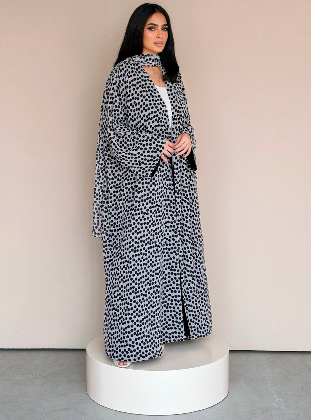MEI780 - Polka Dots Half Bisht Abaya with Matching Headscarf