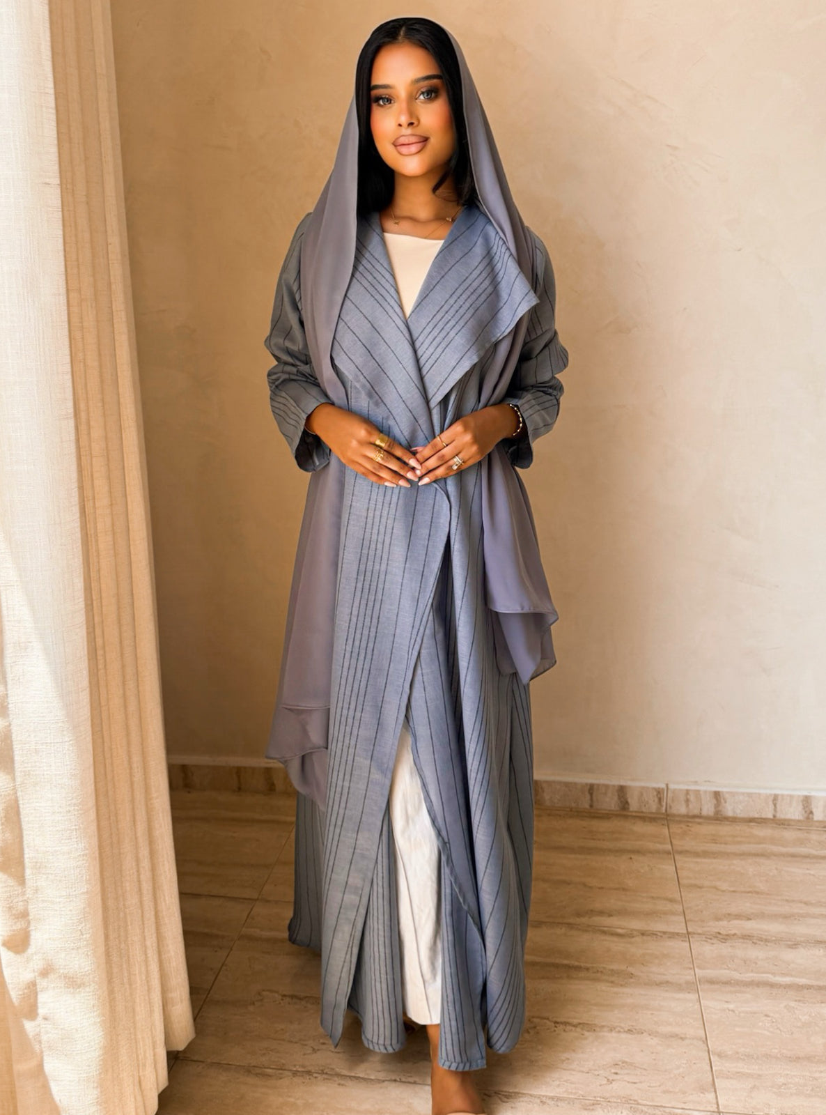MEI751 - Steel Blue A-Cut Linen Abaya with Matching Headscarf